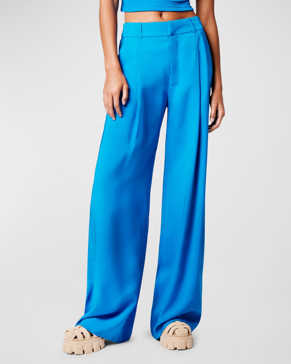 Shop Smythe Pleated Wide-leg Cotton Trousers In Aegean Blue
