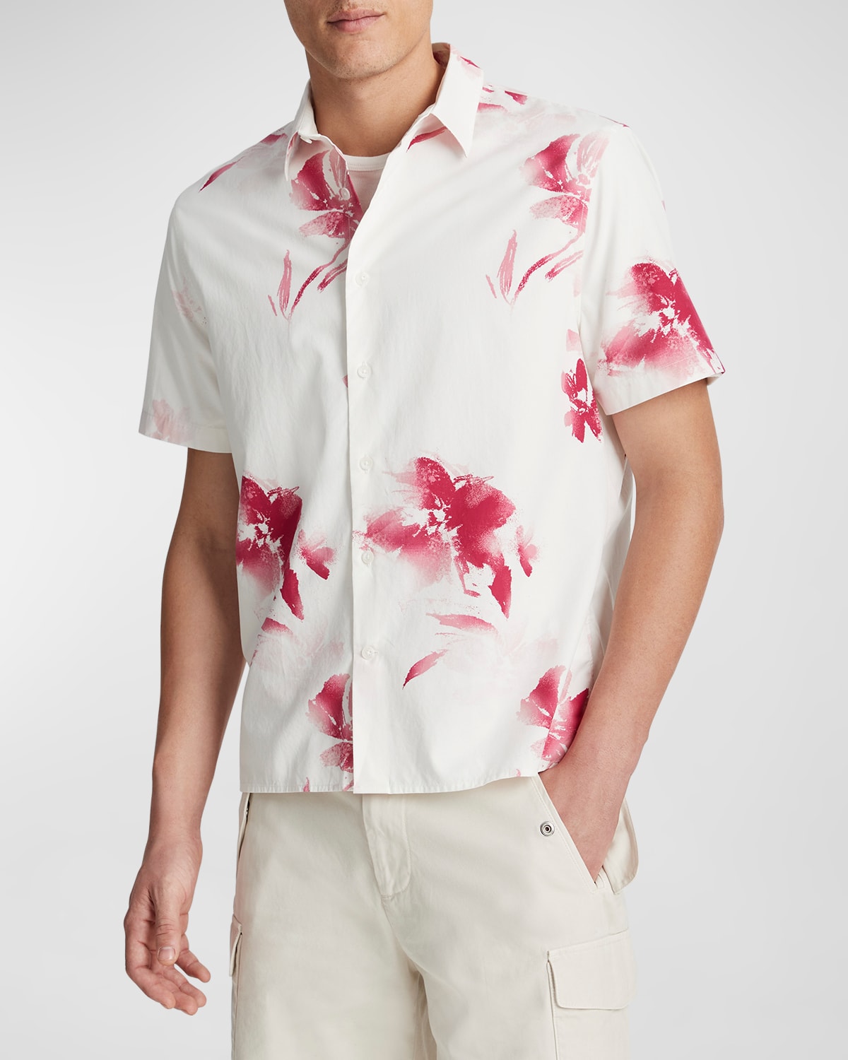 Shop Vince Men's Faded Floral Sport Shirt In Dark Pink Blaze