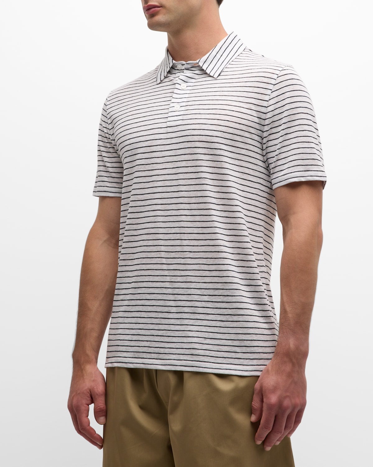 Shop Vince Men's Striped Linen Polo Shirt In Optic White/coastal