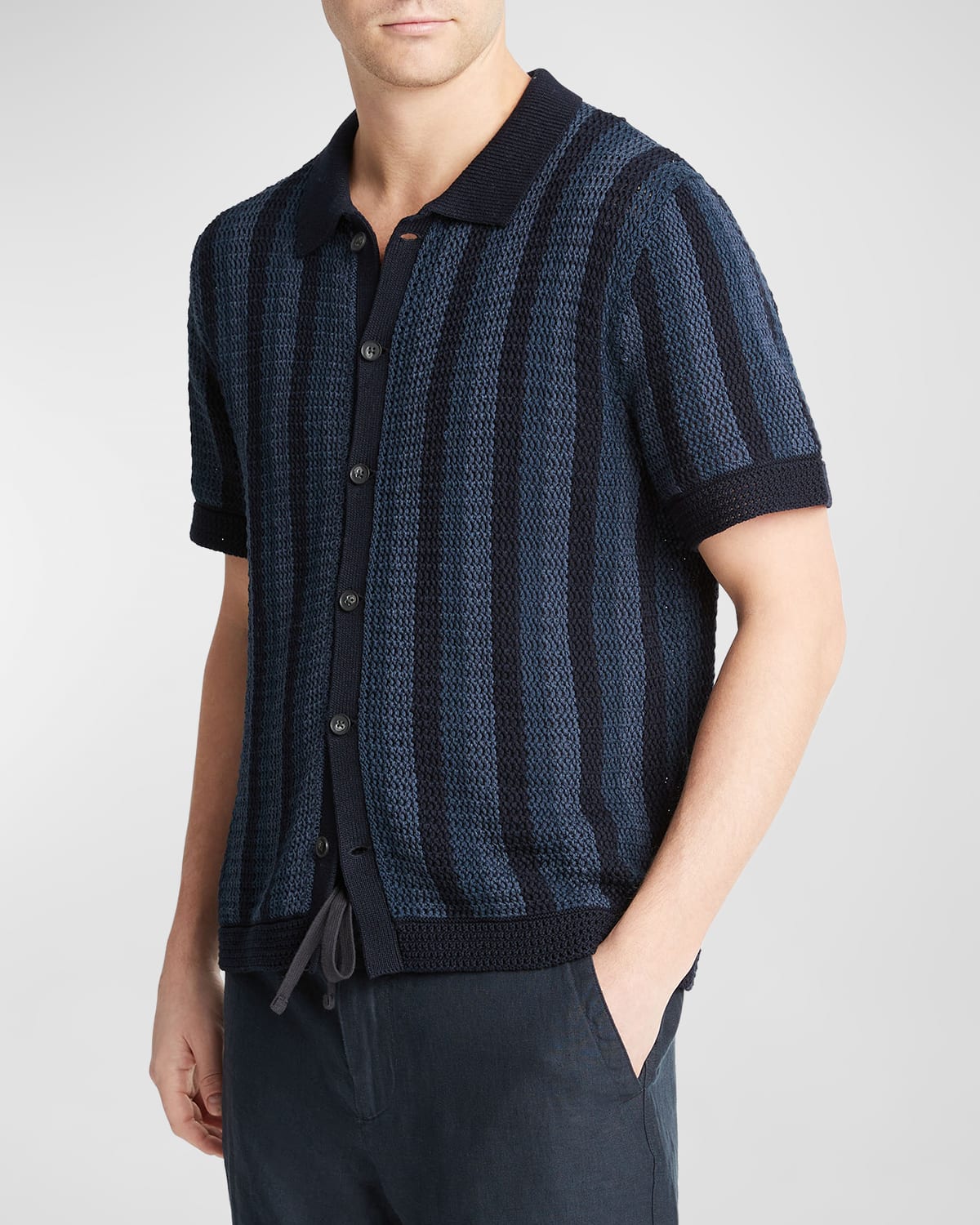 Shop Vince Men's Crochet Stripe Button-down Shirt In Coastal Combo
