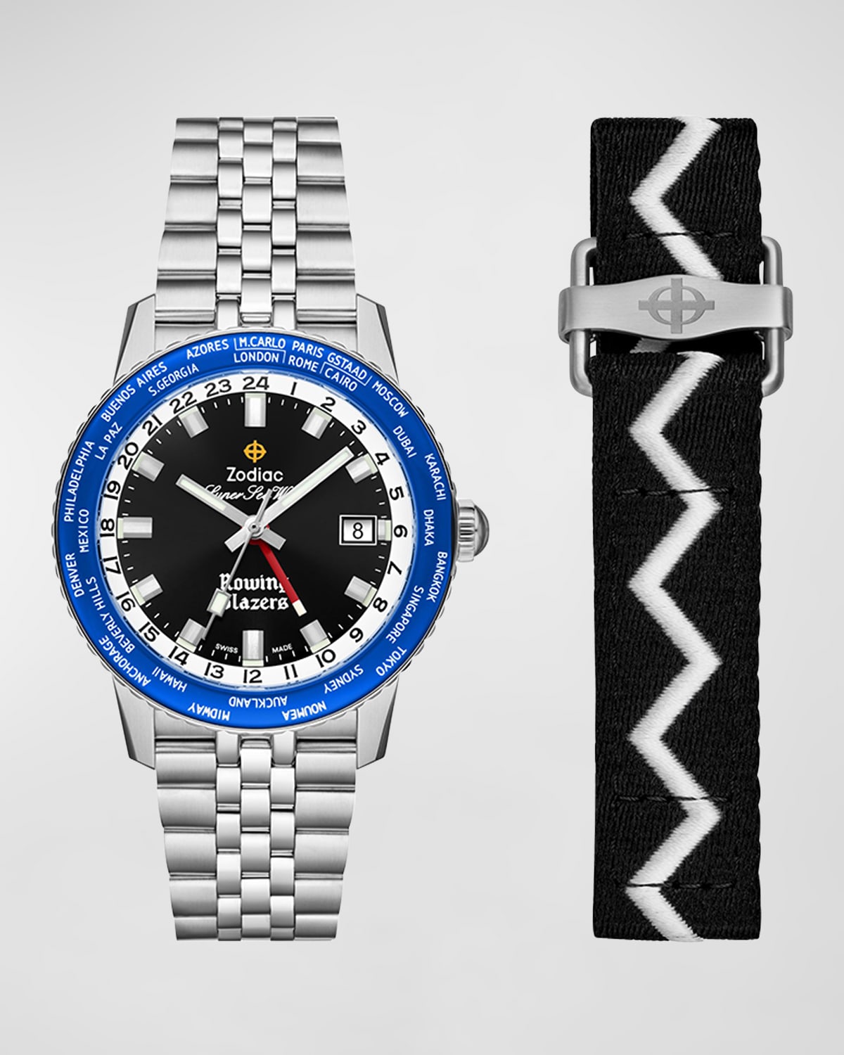 Zodiac X Rowing Blazers Men's Super Sea Wolf World Time Gmt Automatic Bracelet Watch With Strap In Steel