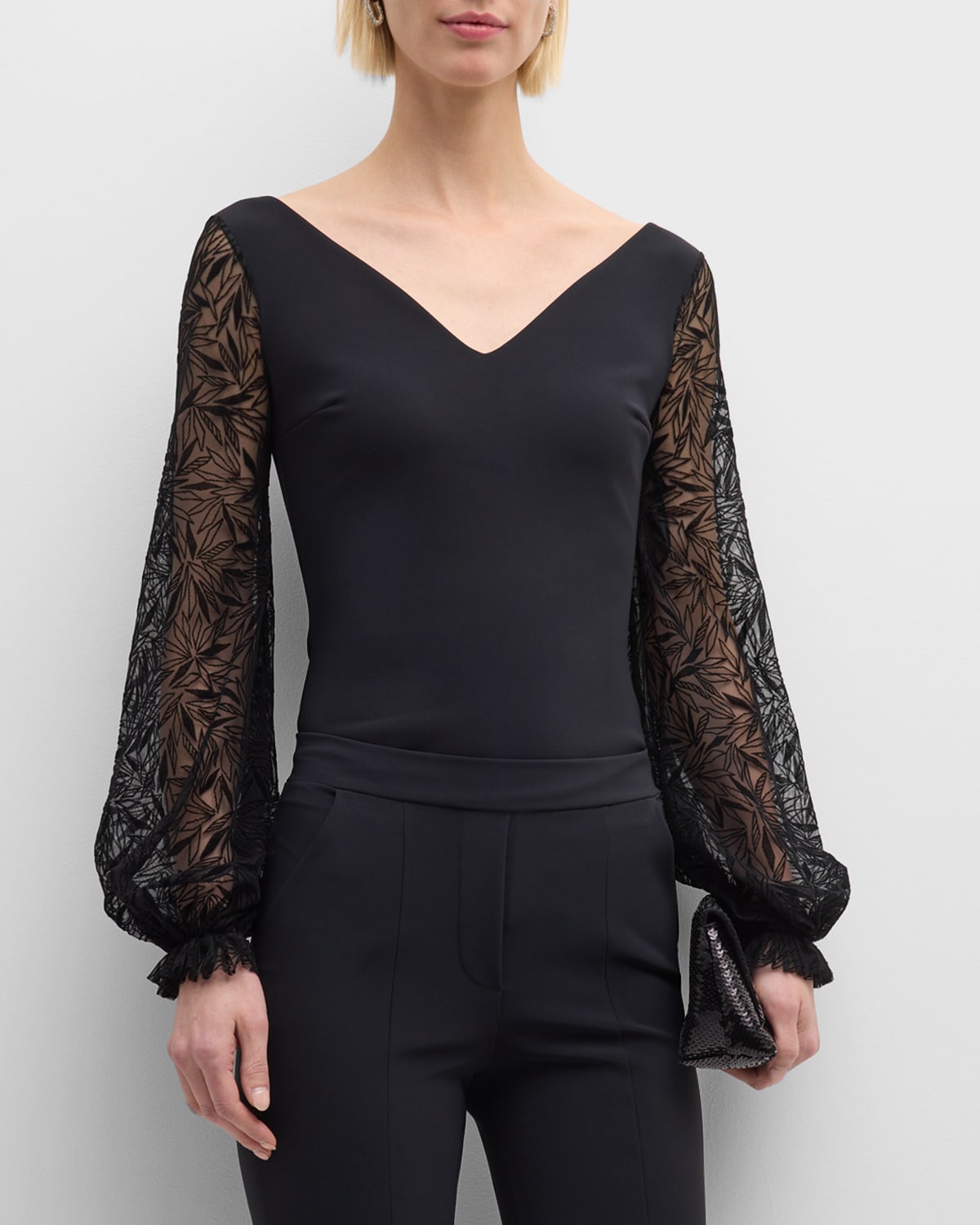 Chiara Boni La Petite Robe Lace-sleeve Jersey Top In Black