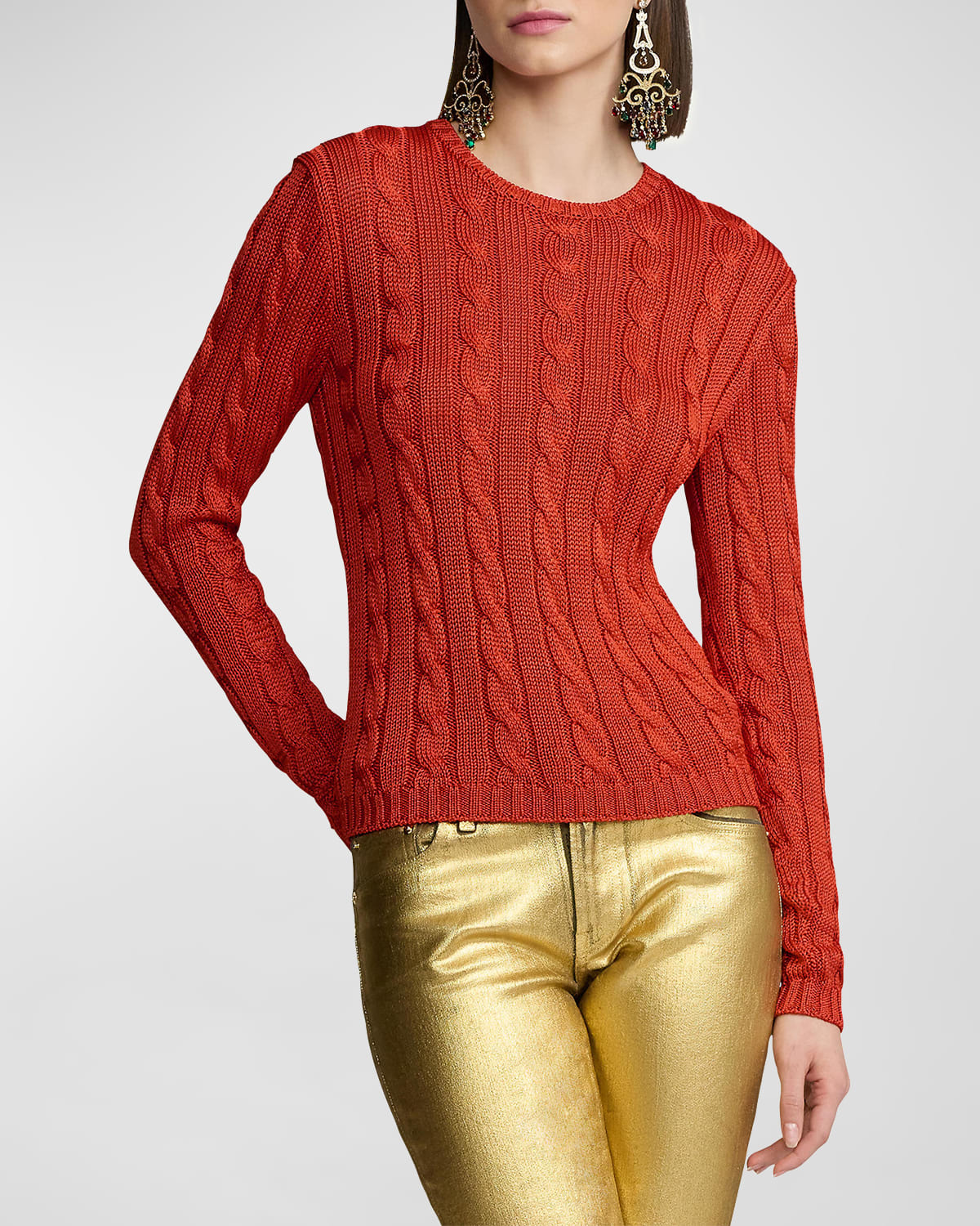 Shop Ralph Lauren Silk Cable-knit Crewneck Sweater In Flame
