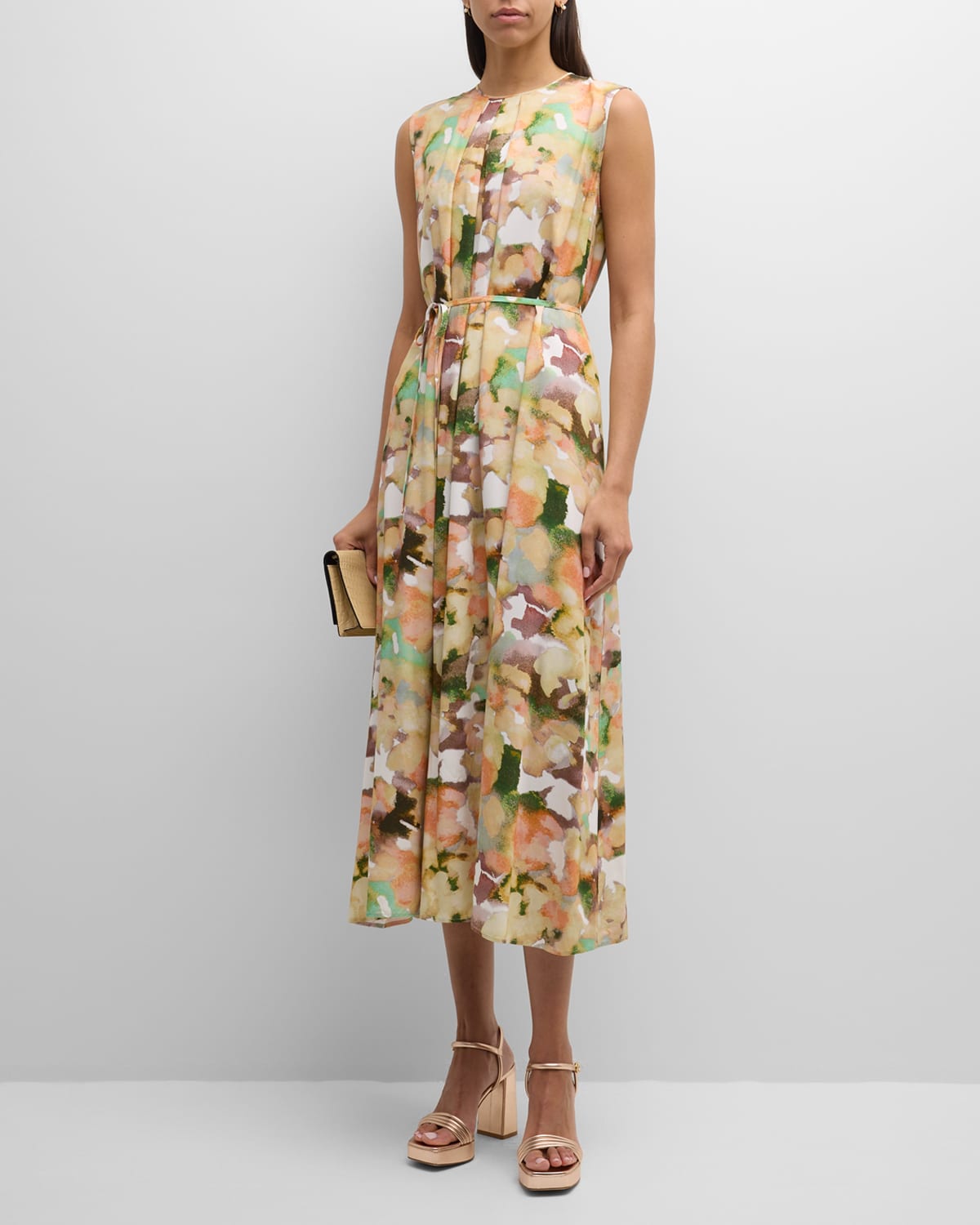 Pleated Sleeveless Watercolor-Print Midi Dress