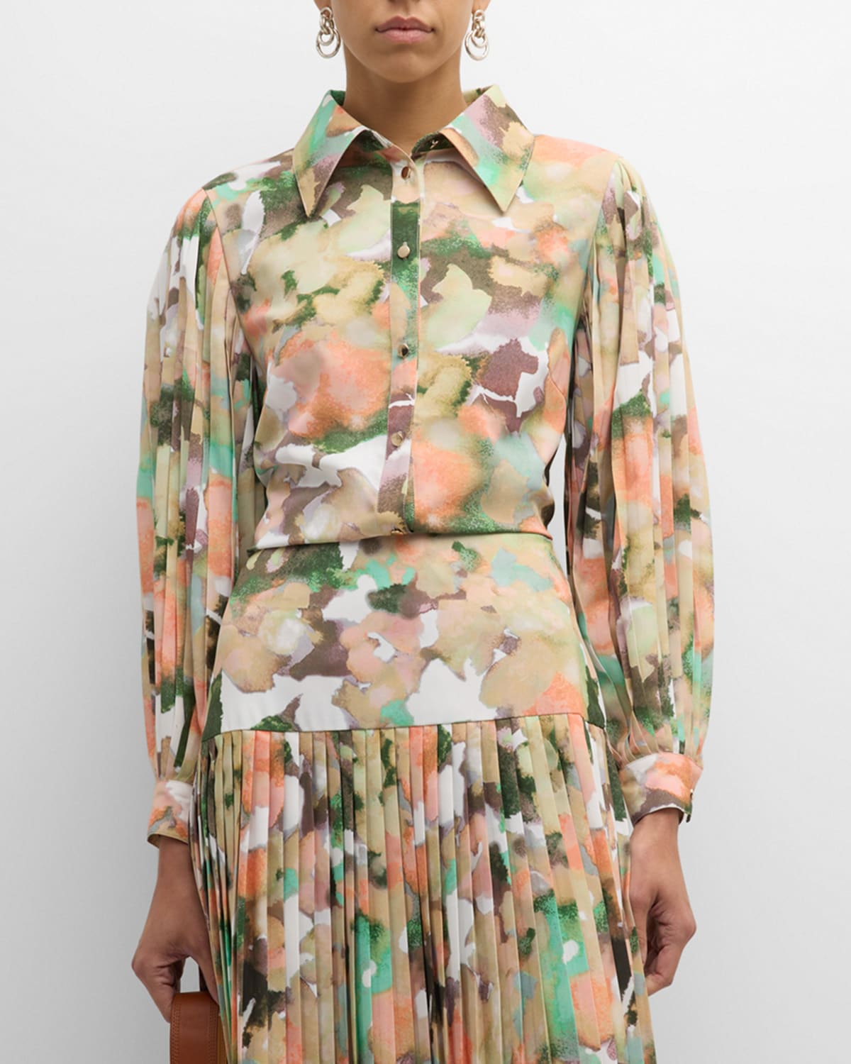 Pleated-Sleeve Watercolor-Print Blouse