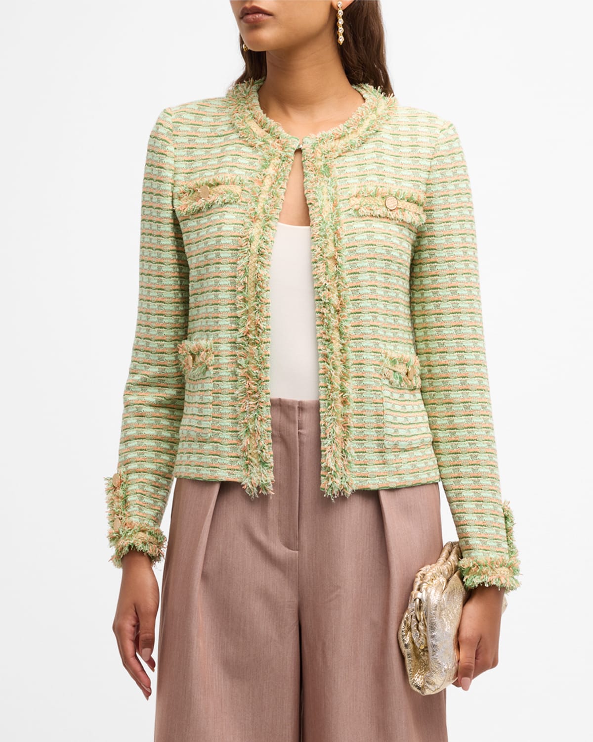 Fringe Trim Soft Tweed Knit Crop Jacket