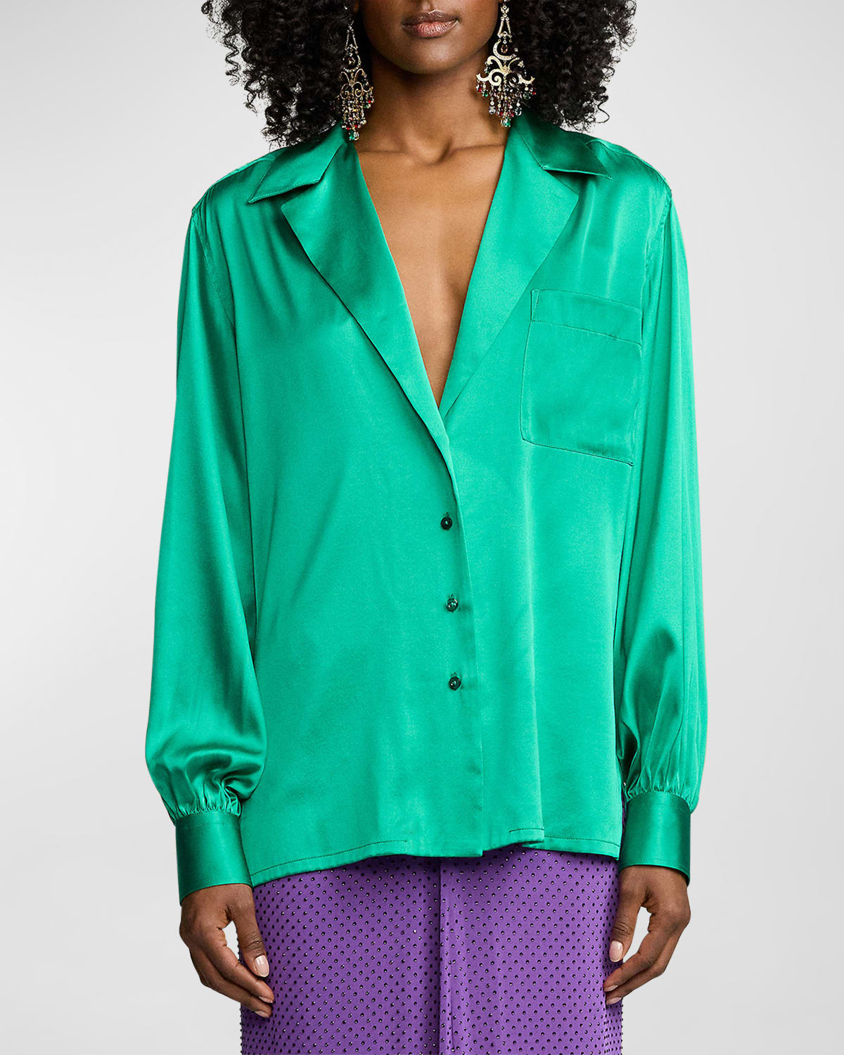 Shop Ralph Lauren Roslin Stretch Charmeuse Button-front Shirt In Meadow