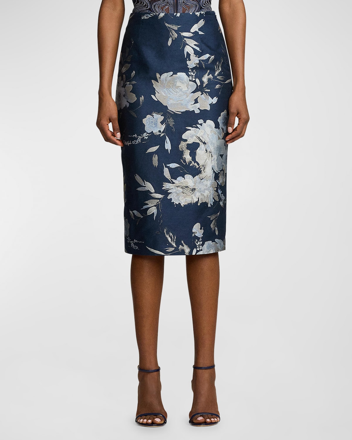 Shop Ralph Lauren Whitley Floral Jacquard Pencil Skirt In Blue Mu