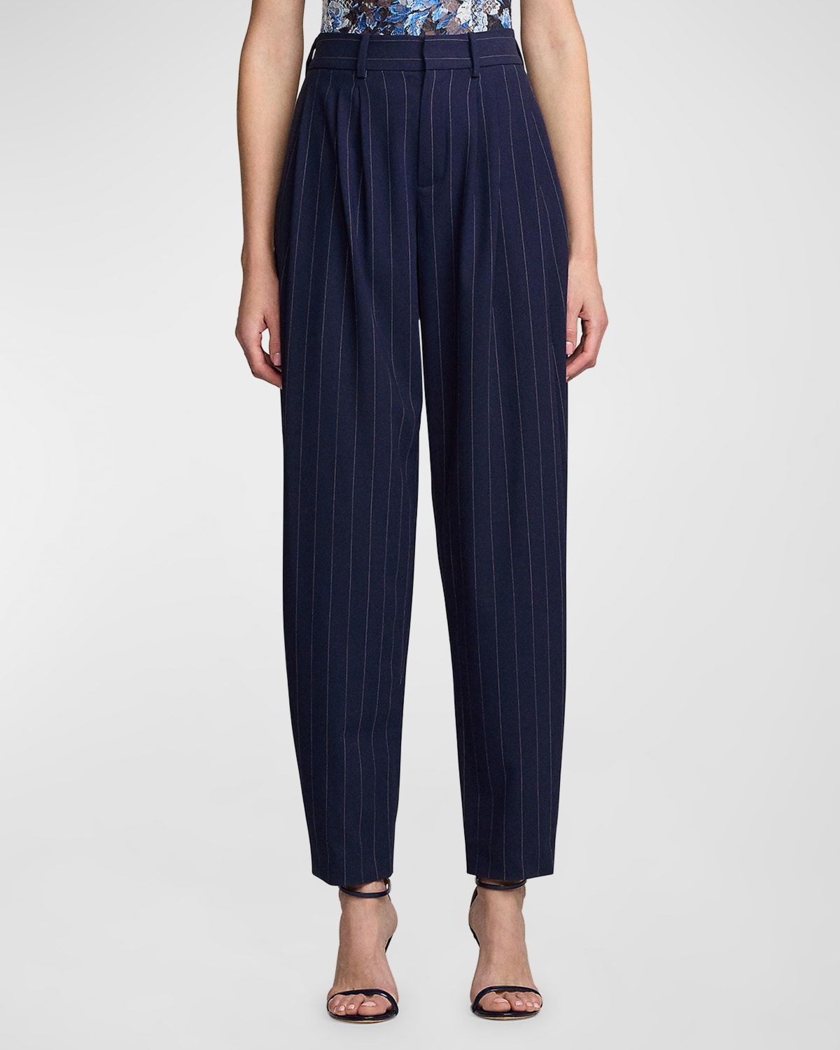 Shop Ralph Lauren Cassidy Pleated Pinstripe Tapered Wide-leg Ankle Pants In Nvywht