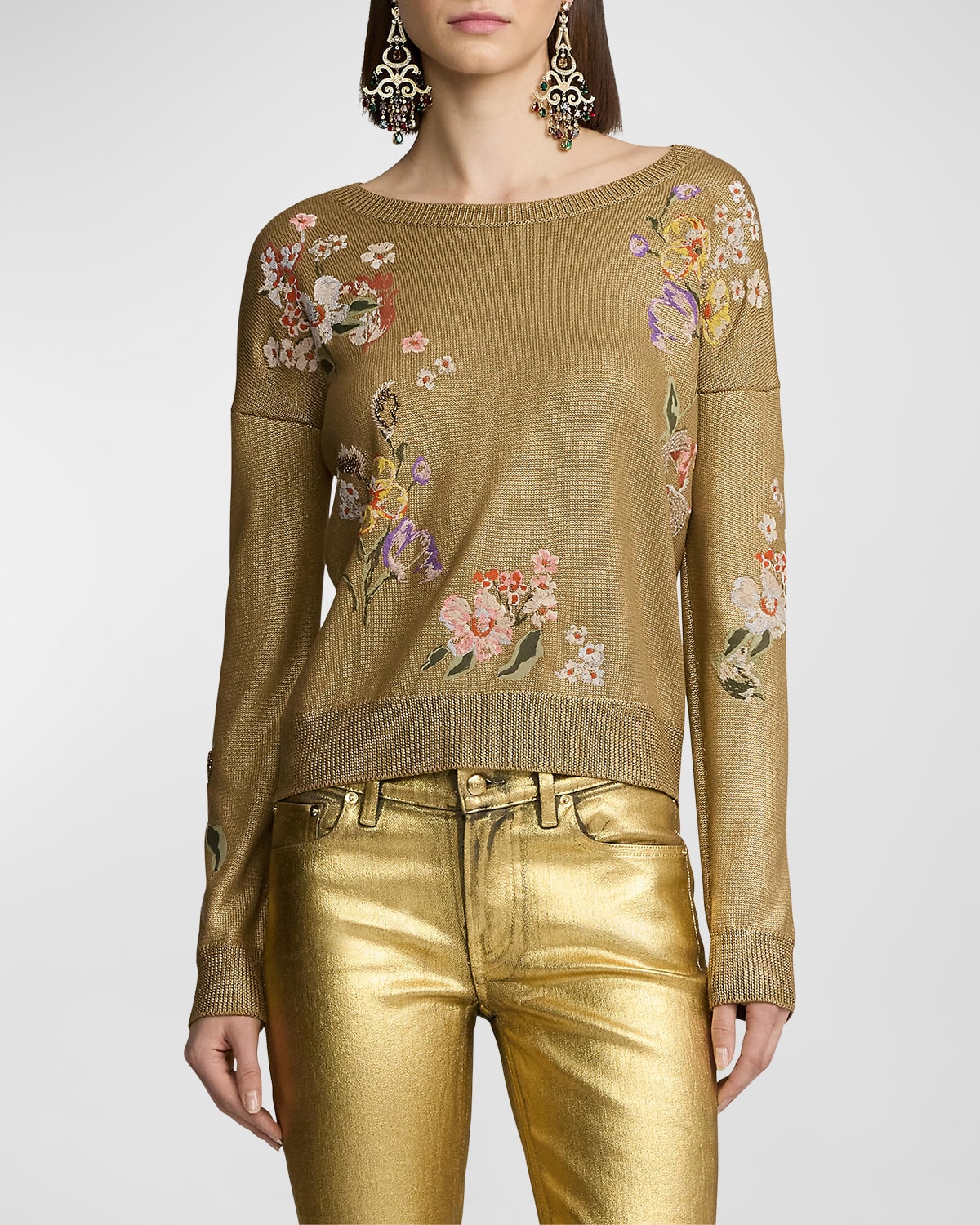 Ralph Lauren Crewneck Floral Embroidered Foiled Silk Pullover In Gold