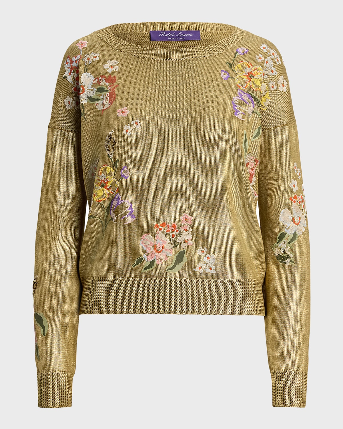 Polo Ralph Lauren Crewneck Floral Embroidered Foiled Silk Pullover In Gold