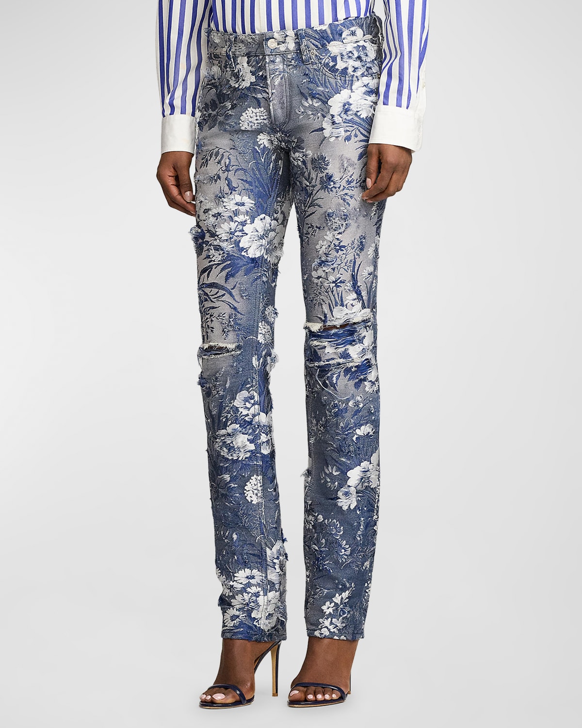 Shop Ralph Lauren 160 Slim Floral Distress Skinny-leg Jeans In Navy Multi