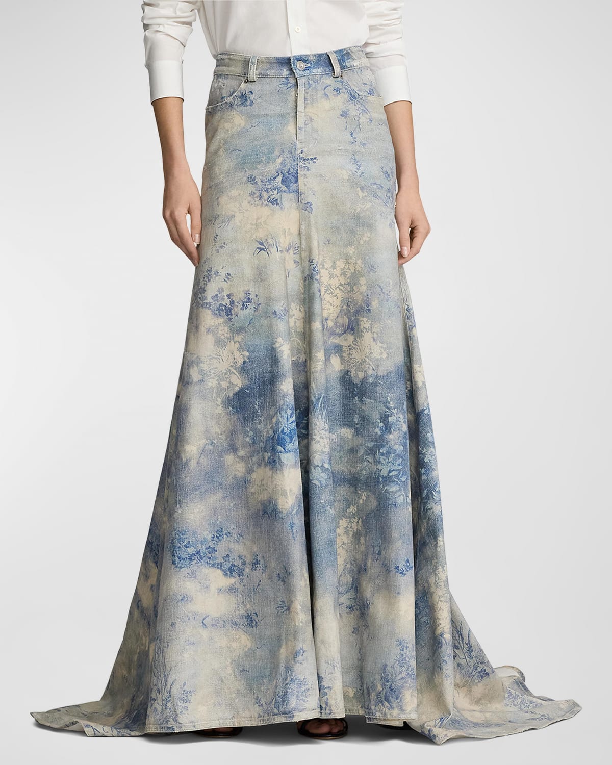 Brynley Floral-Print Denim A-Line Maxi Skirt