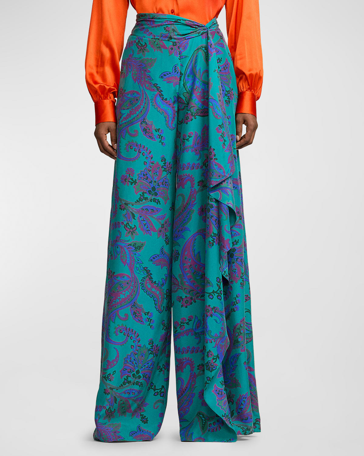 Shop Ralph Lauren Schmitt Paisley-print Drape Wide-leg Pants In Blue Mu