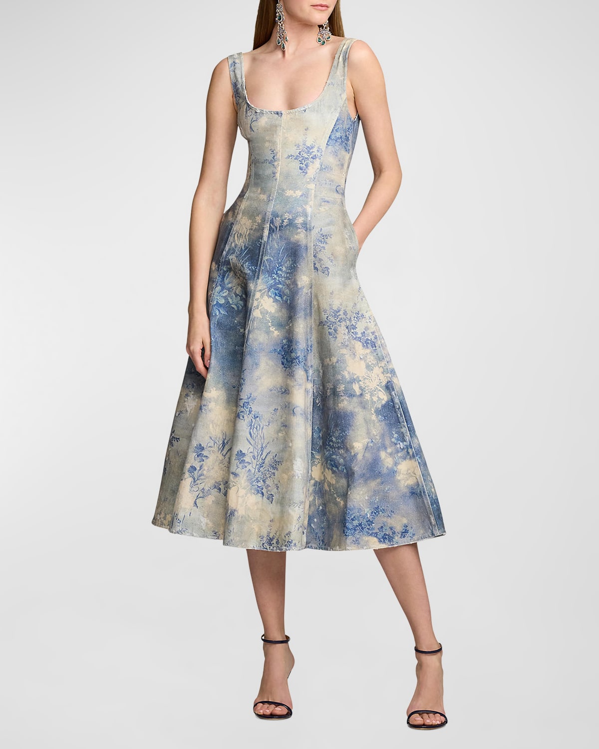 Tarian Floral-Print Sleeveless Lace-Up Denim Midi Dress