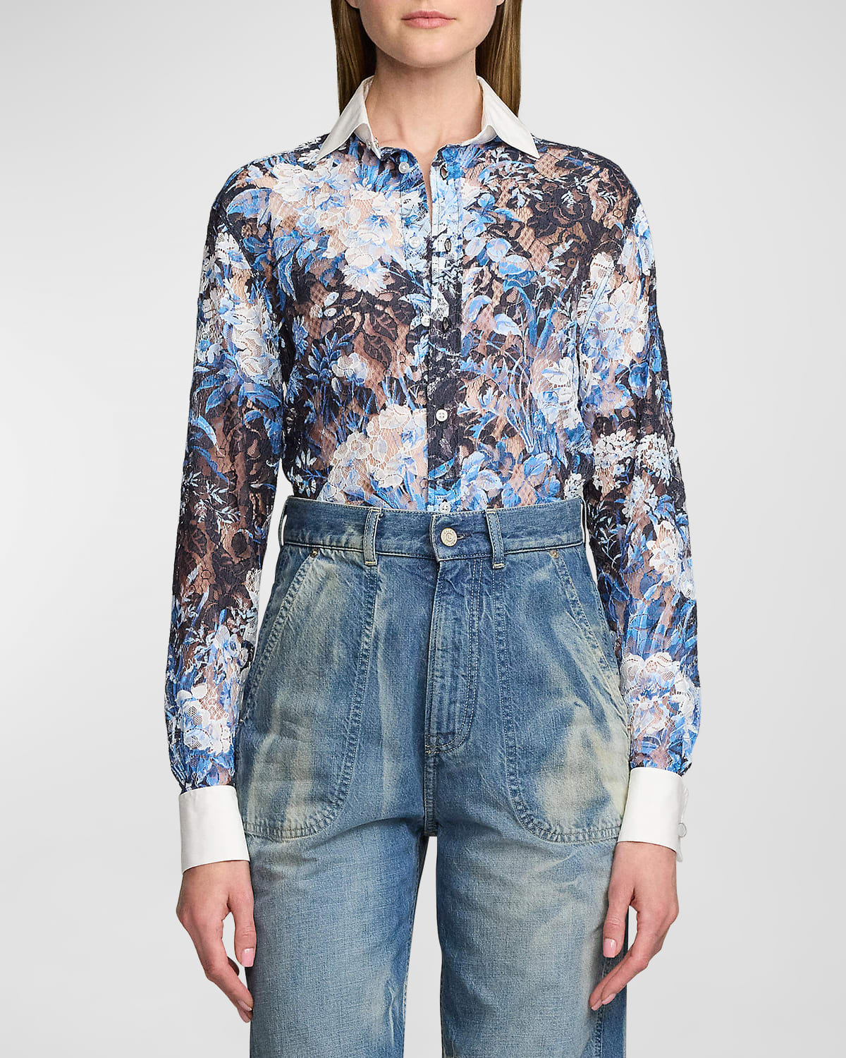 Ralph Lauren Kelley Botanical Print Lace Long-sleeve Button-front Shirt In Navy Multi