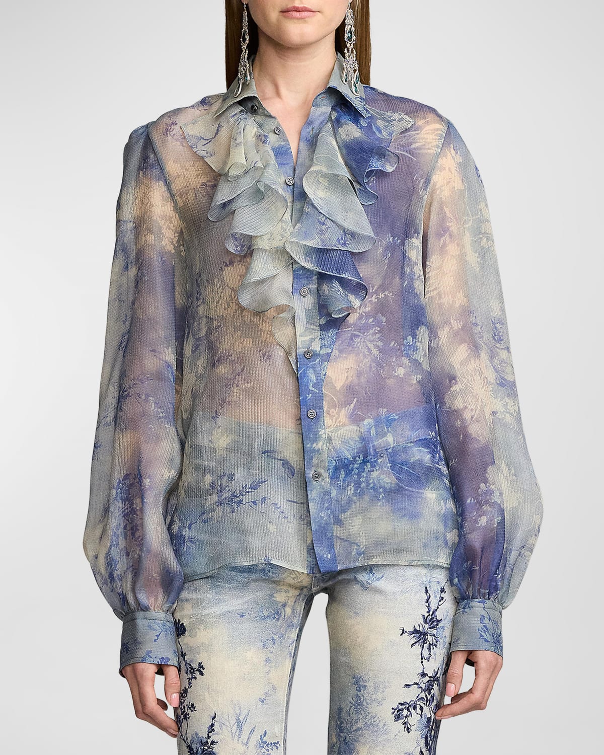 Shop Ralph Lauren Dylon Wildflower-print Silk Gazaar Button-front Shirt In Blue Multi