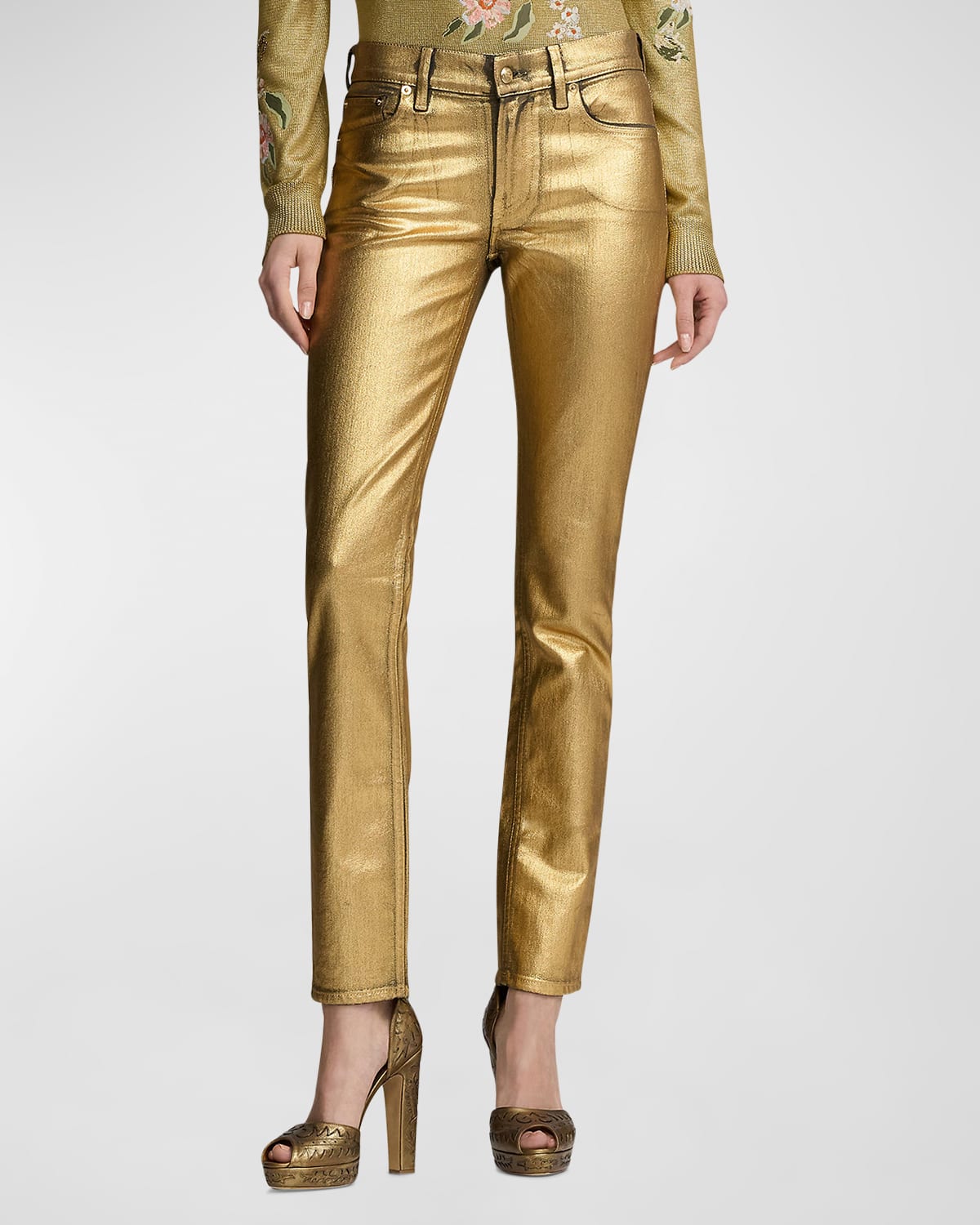 Shop Ralph Lauren Foiled 160 Slim Denim Jeans In Gold