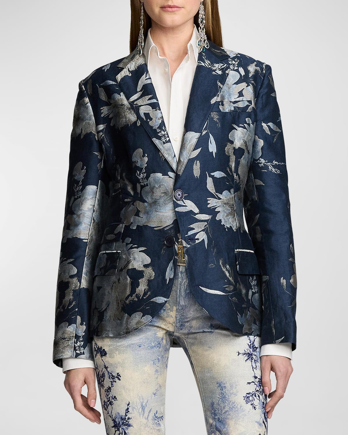 Ralph Lauren Parker Linen Jacquard Blazer In Blue
