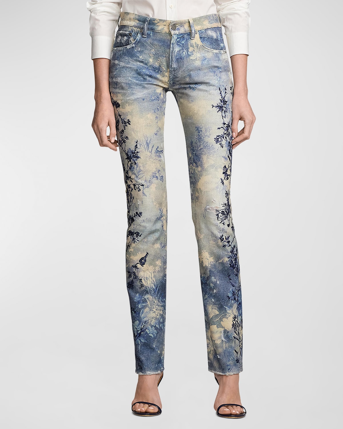 Shop Ralph Lauren 750 Floral-print Embroidered Straight-leg Ankle Jeans In Blue Multi