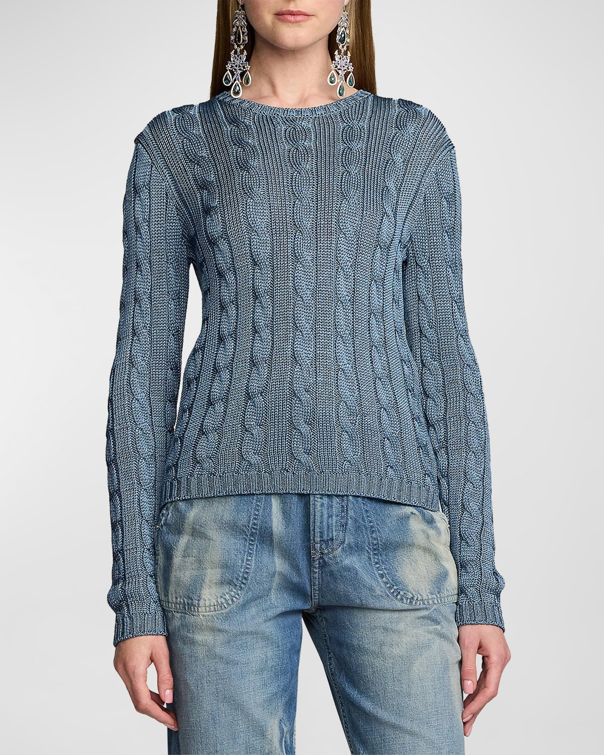 Shop Ralph Lauren High Shine Silk Cable Knit Crewneck Sweater In Blue