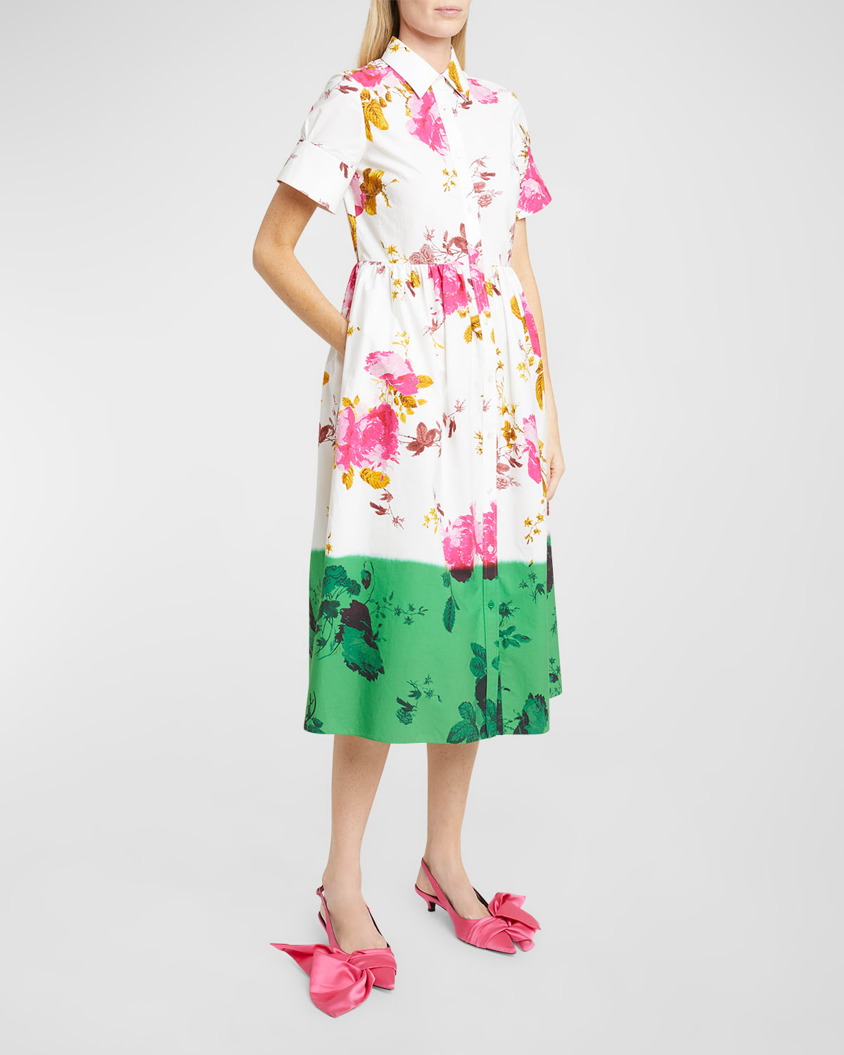 Erdem Dyed Floral Print Shirtdress In White + Kelly Green
