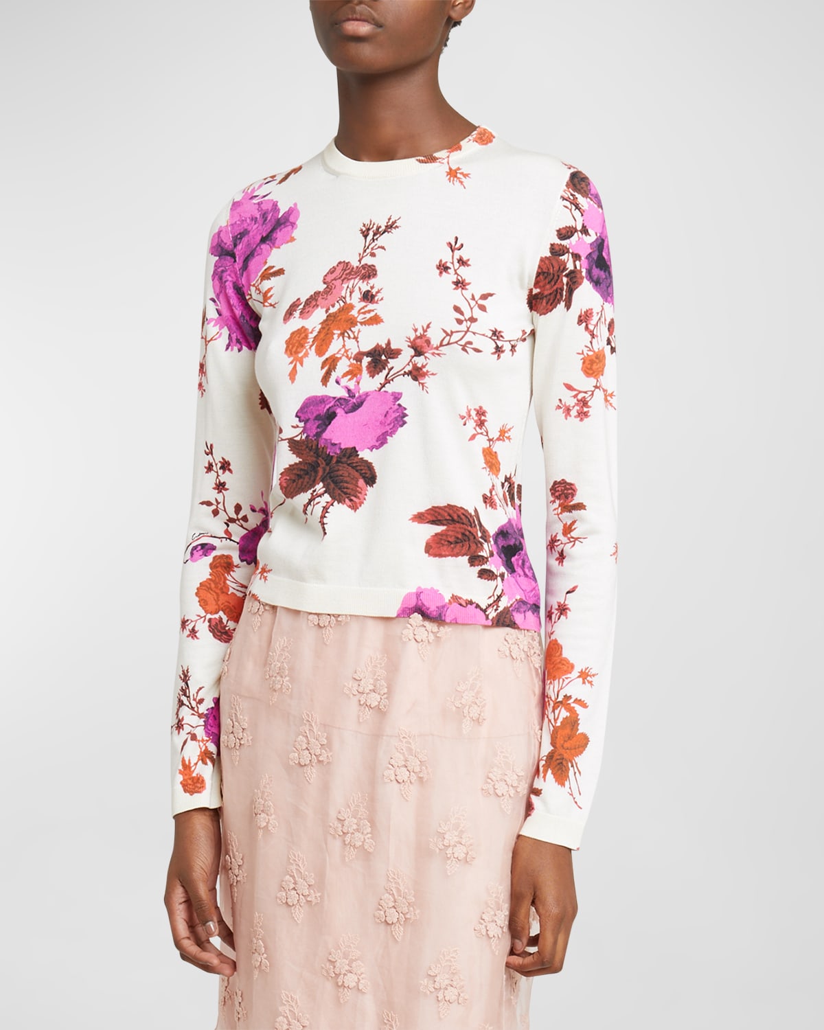 Shop Erdem Floral-print Silk Crewneck Sweater In Rose Pink