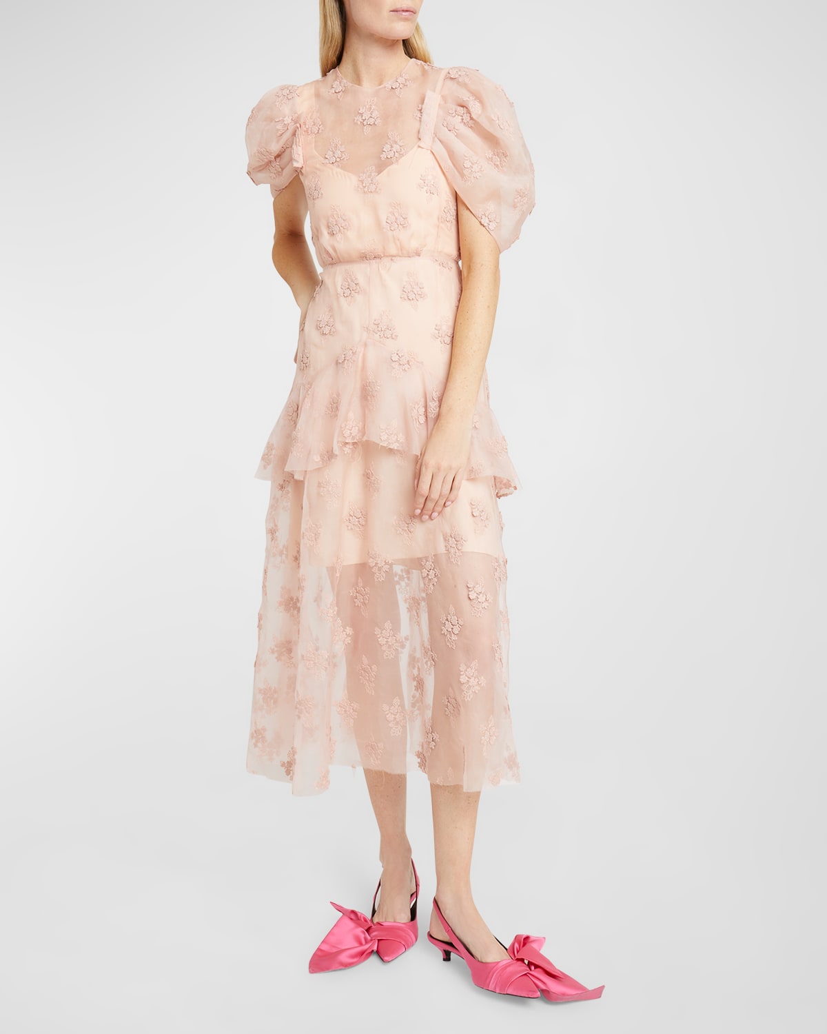 Erdem Sheer Peplum Midi Dress With Floral Embroidery In Ballet Pink