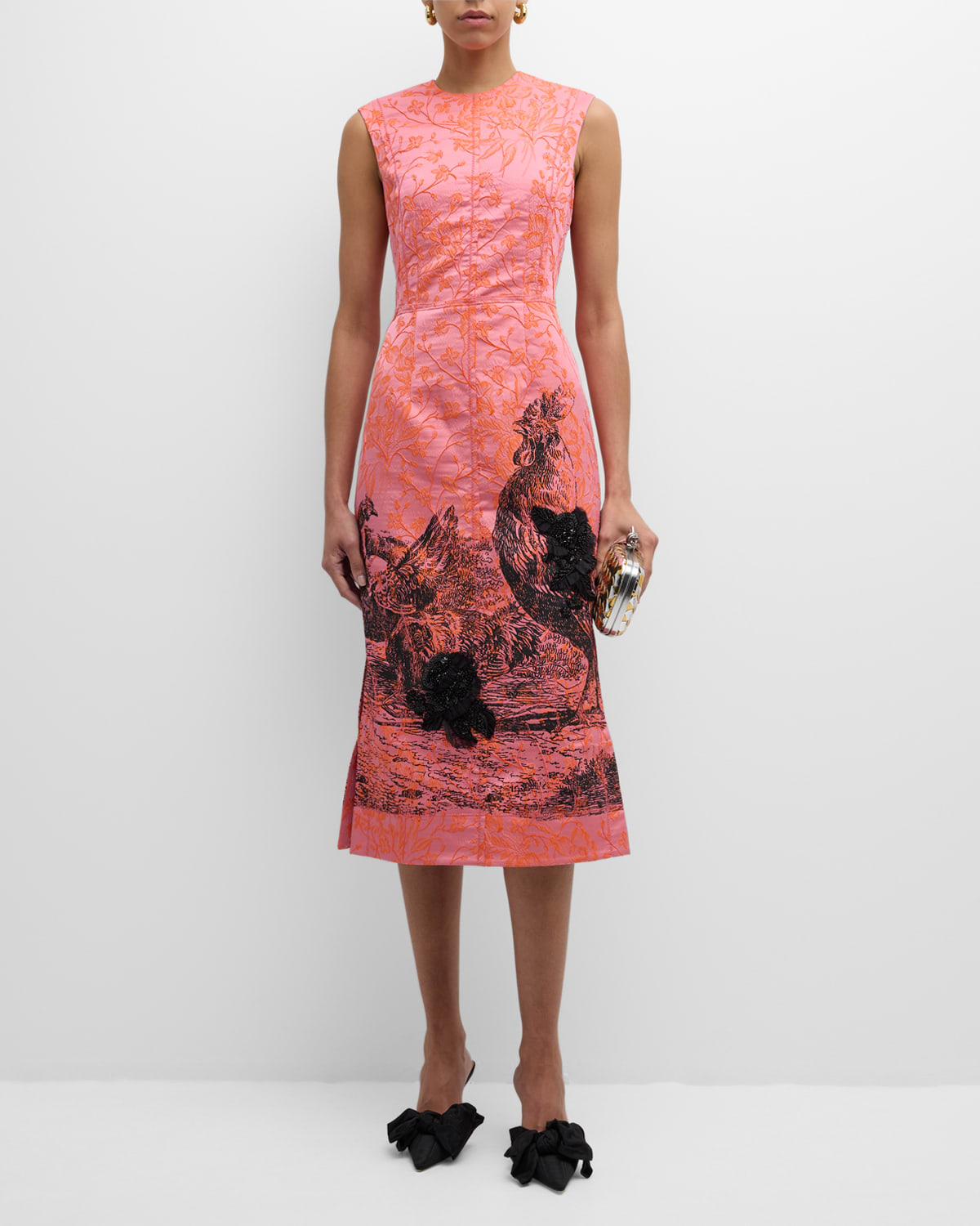 Sequined Chicken-Print Sleeveless Bow Floral Brocade Midi Dress