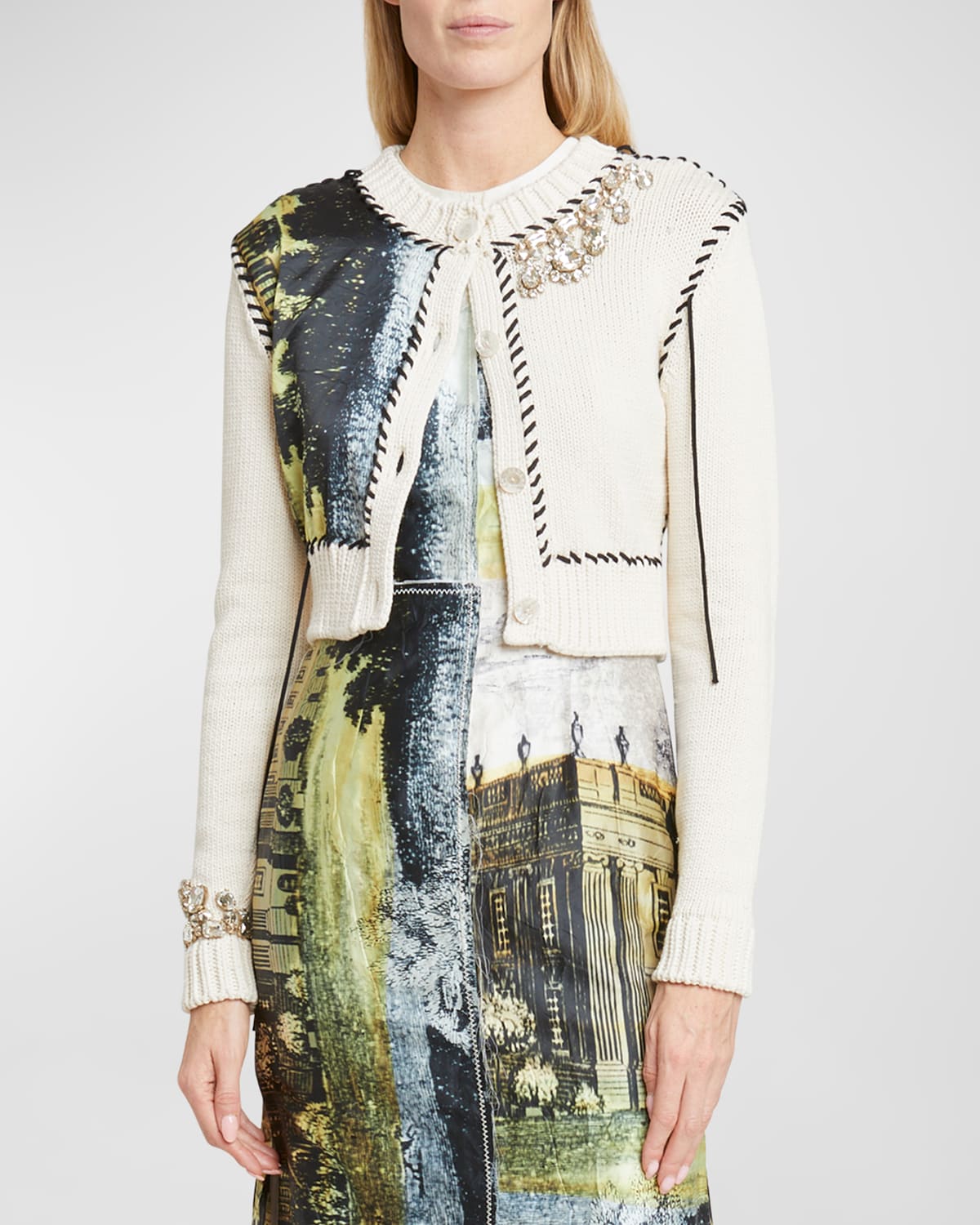 Shop Erdem Cropped Button-down Long-sleeve Cardigan In Calico