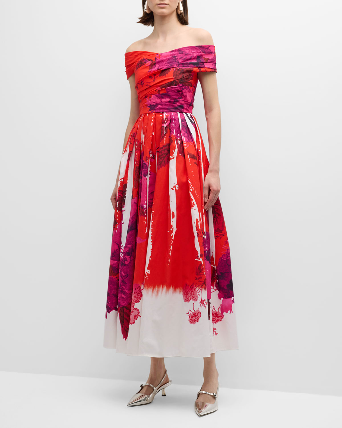Shop Erdem Off-shoulder Floral Print Cocktail Dress In Rose Poppy
