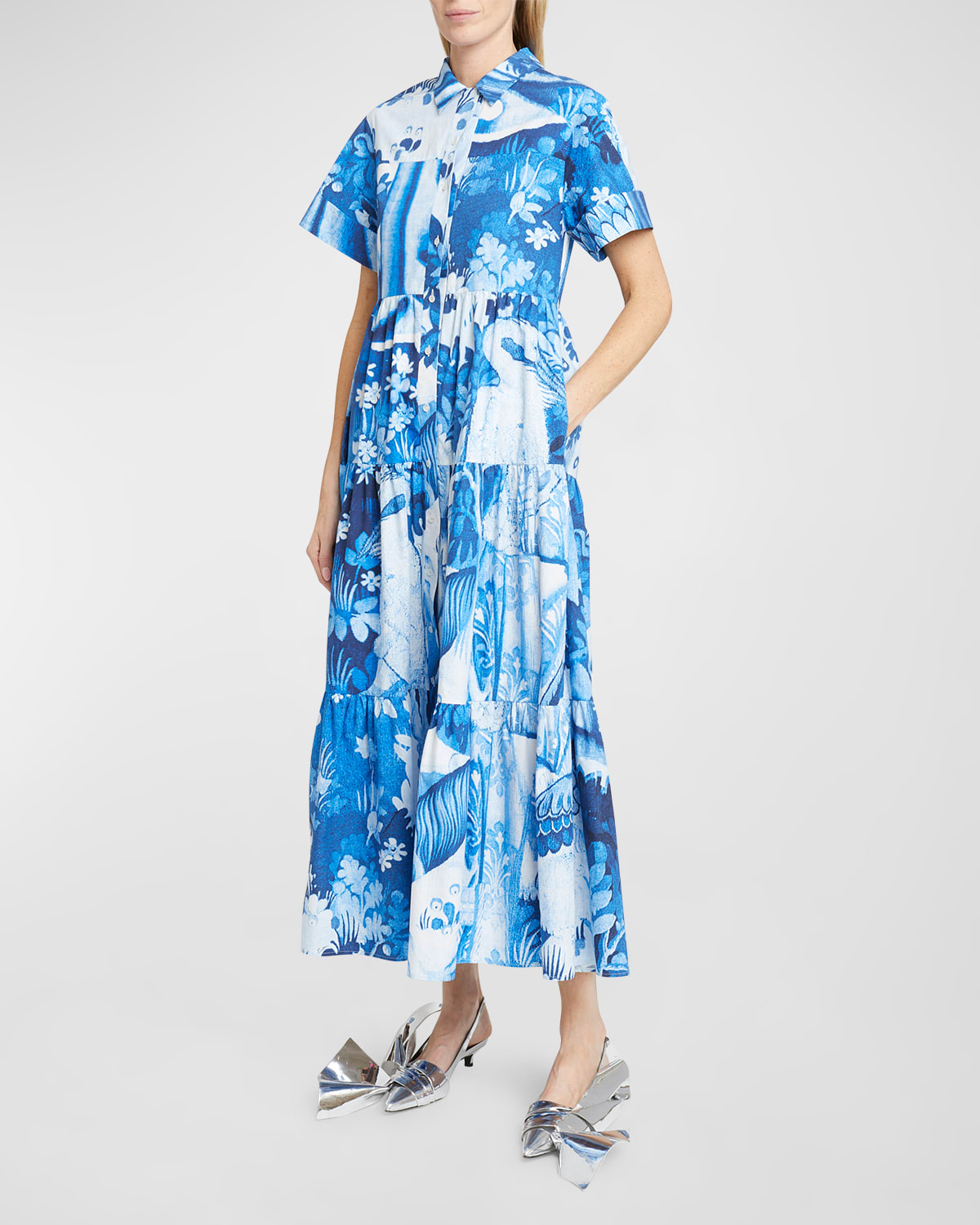 Shop Erdem Short-sleeve Midi Shirtdress With Tiered Hem In Lupin Blue