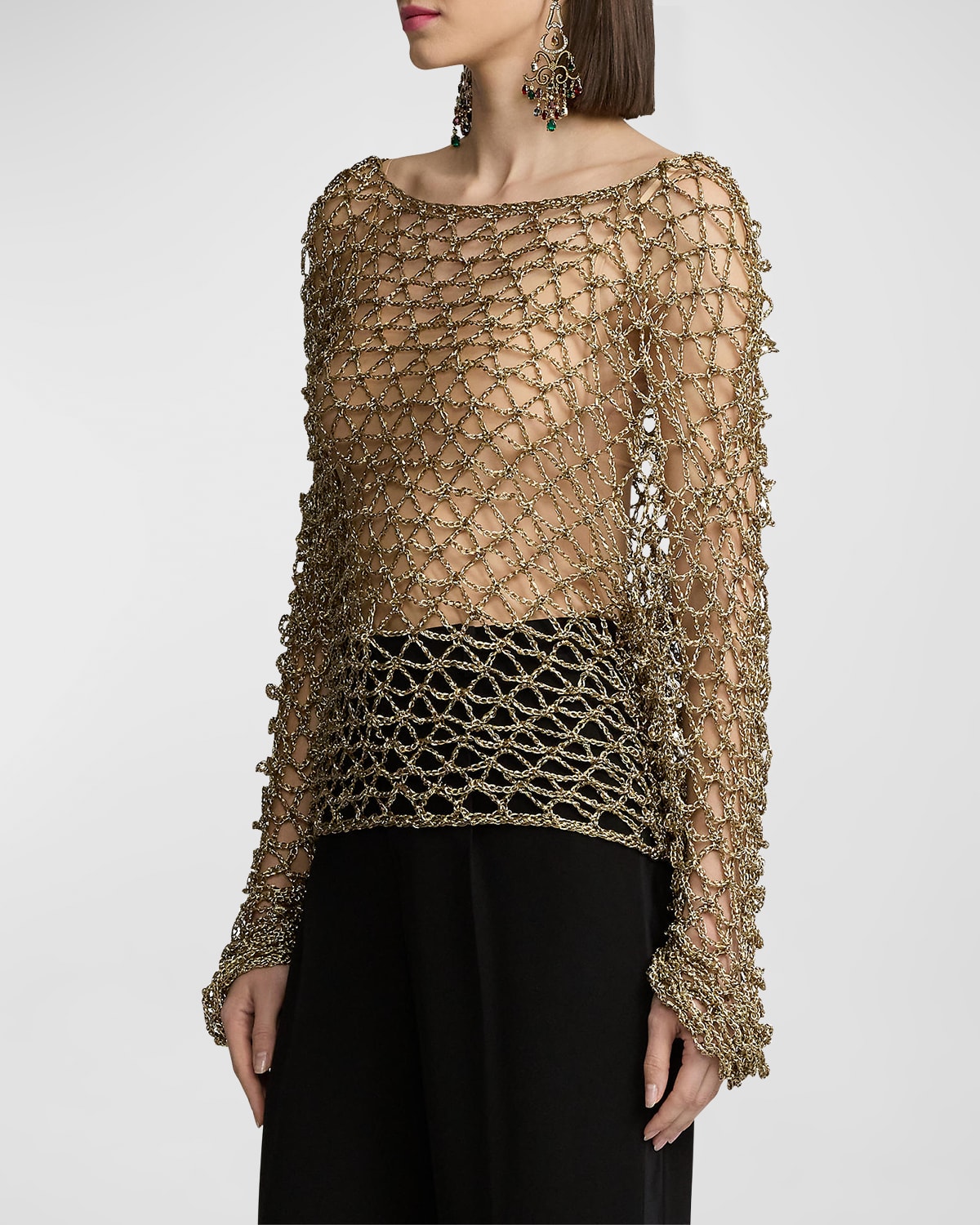 Shop Ralph Lauren Metallic Open Crochet Knit Top In Gold