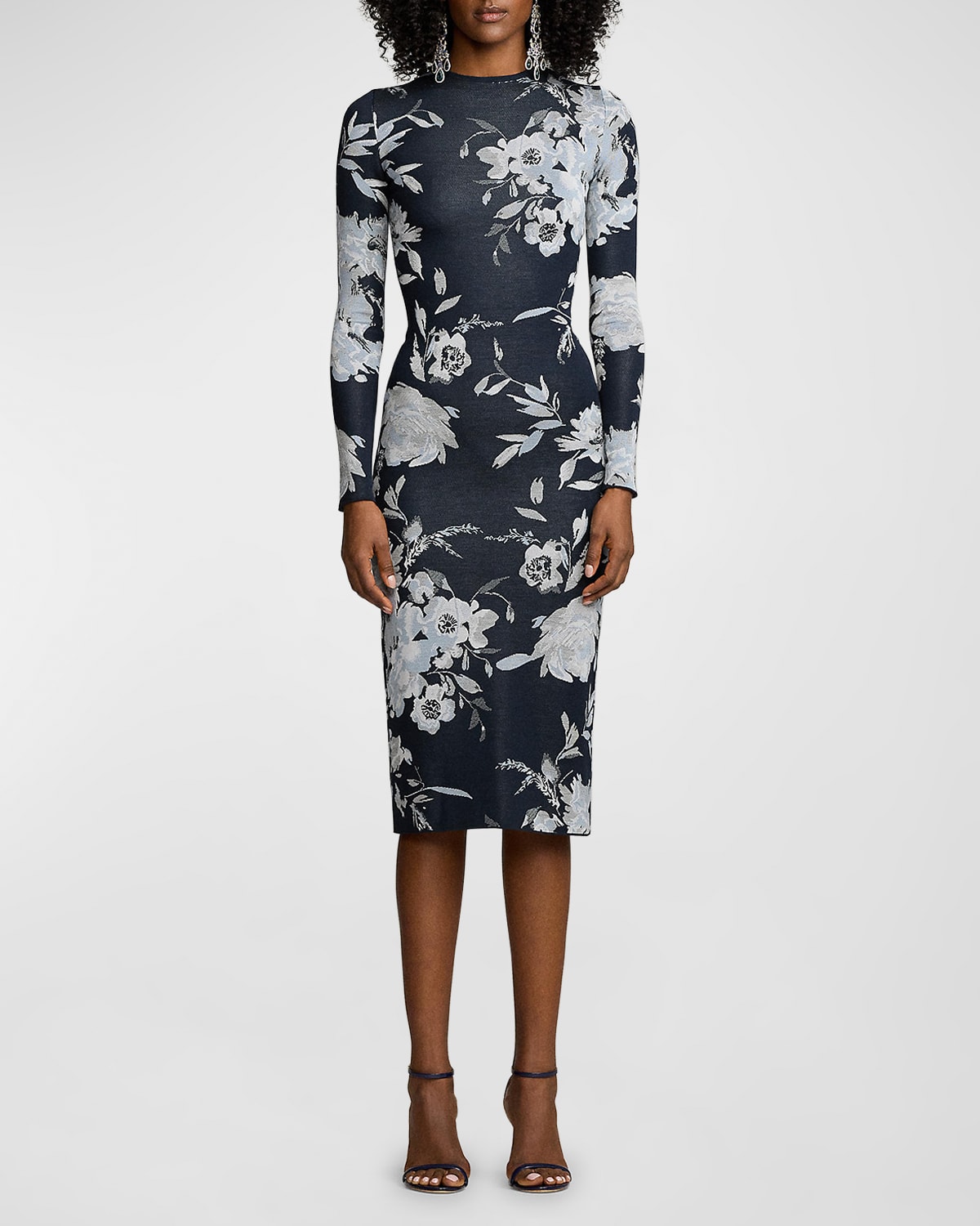 Ralph Lauren Floral Silk-blend Jacquard Sweater Day Dress With Detachable Collar & Cuffs In Navy Mu