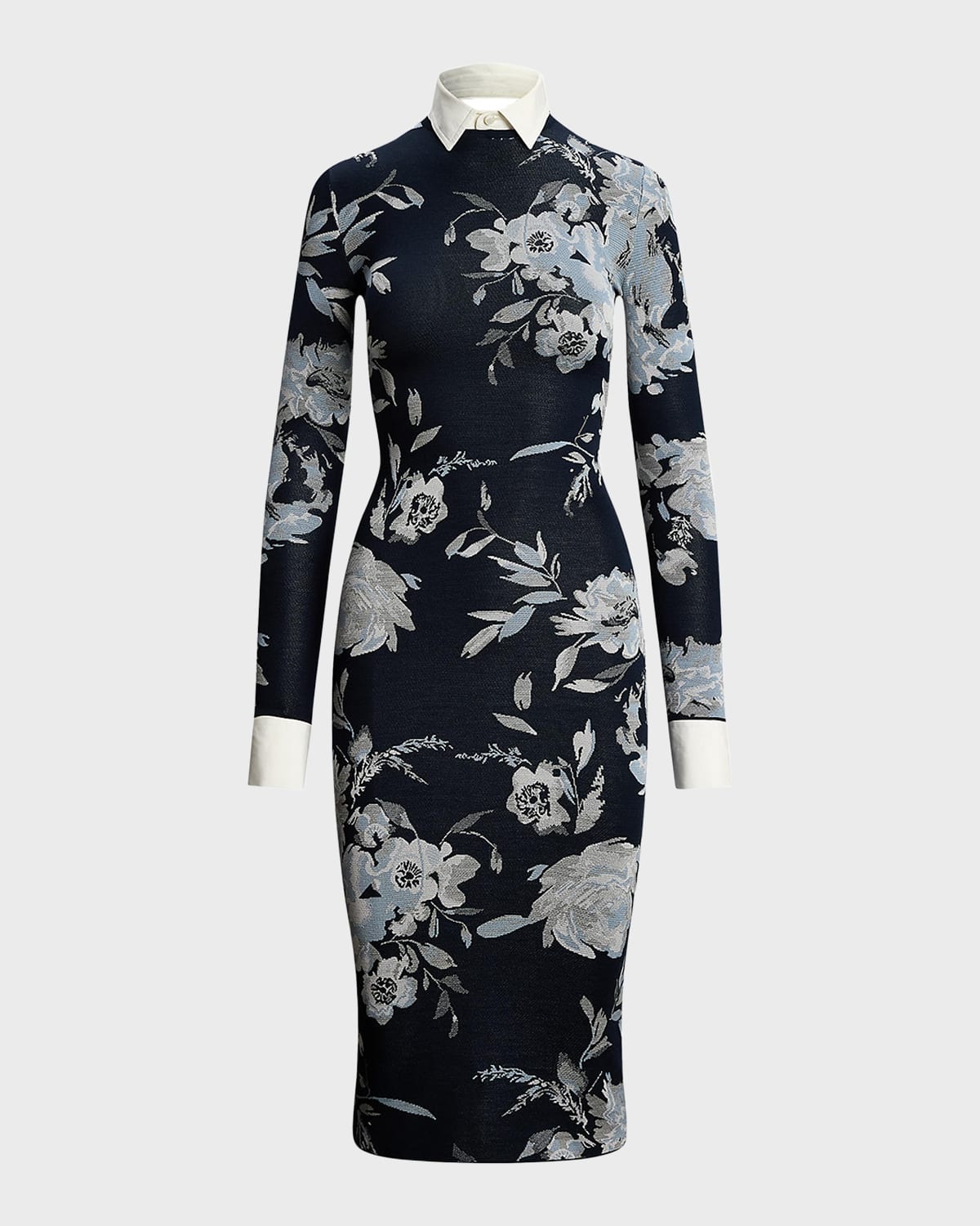 Ralph Lauren Floral Jacquard Sweater Day Dress In Navy Mu