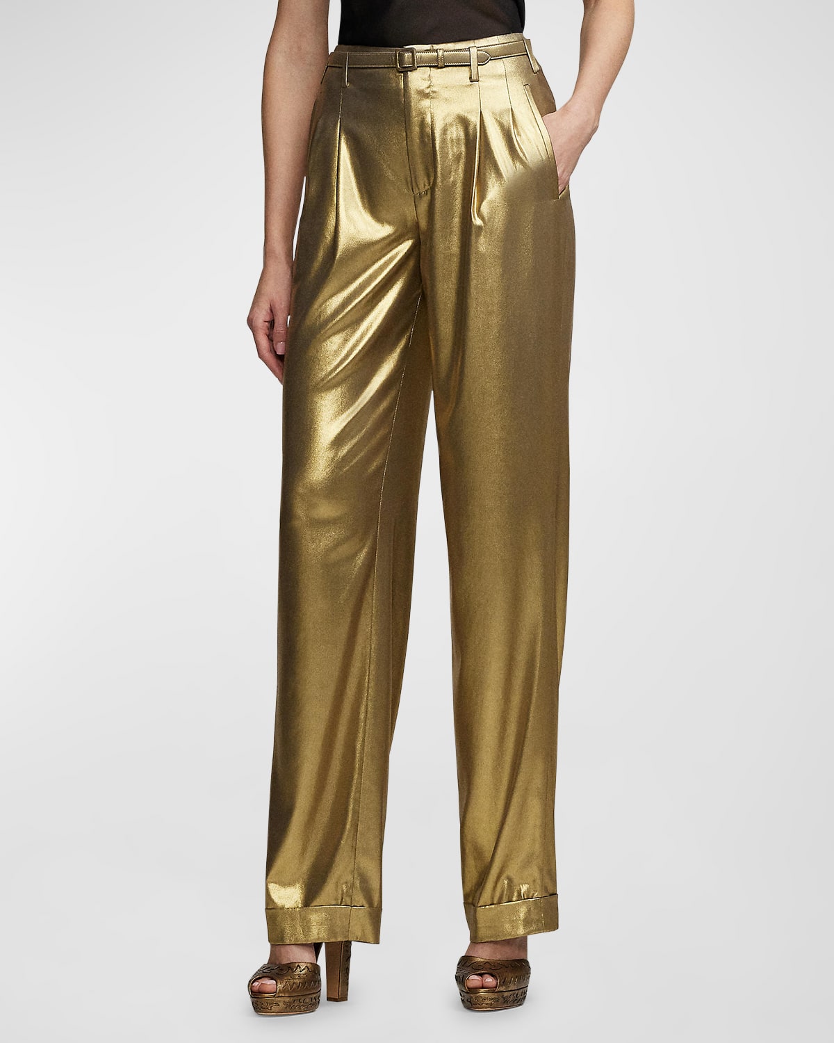 Shop Ralph Lauren Stamford Liquid Foil Belted Pants In Gold