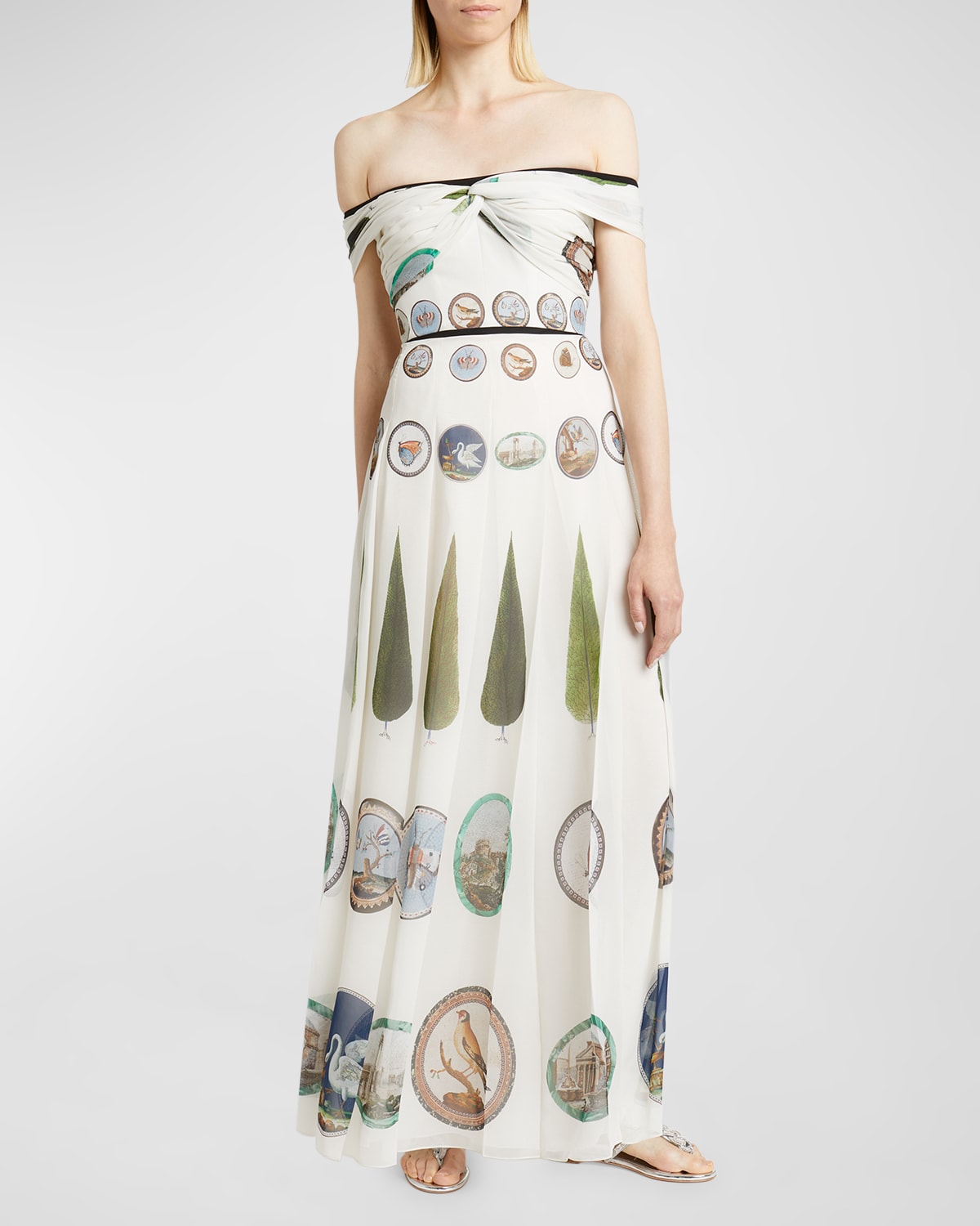 Shop Giambattista Valli Mosaic-print Twisted Off-the-shoulder Pleated Maxi Dress In Ivory/multi