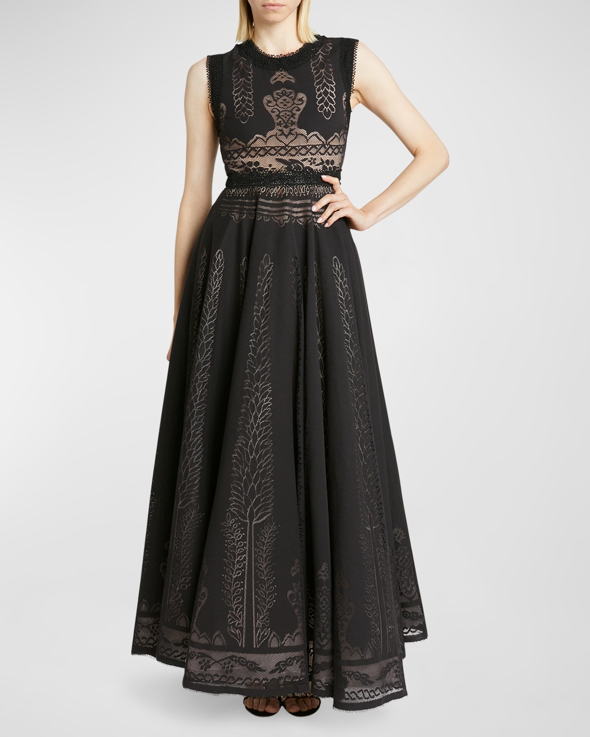 Shop Giambattista Valli Pointelle-knit Sleeveless Fit-&-flare Gown In Black