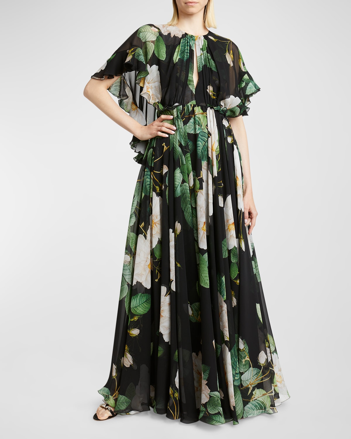 Floral-Print Gathered Chiffon Ruffle-Cape Maxi Dress
