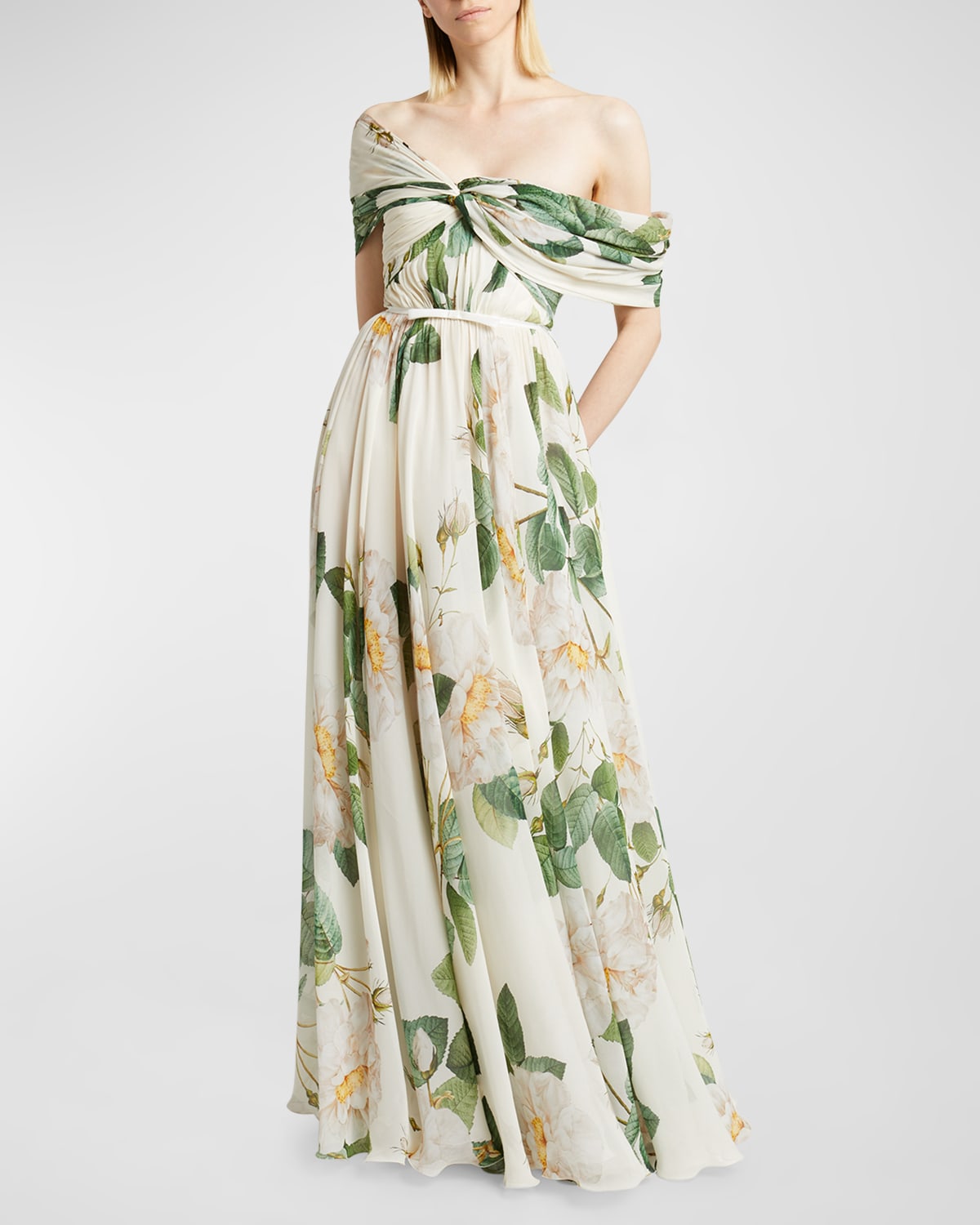 Shop Giambattista Valli Floral-print Twisted Off-the-shoulder Gown In Ivory/green