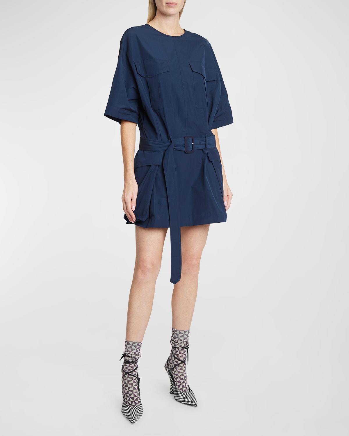 Shop Dries Van Noten Dockets Short-sleeve Belted Pleated Mini Dress In Navy