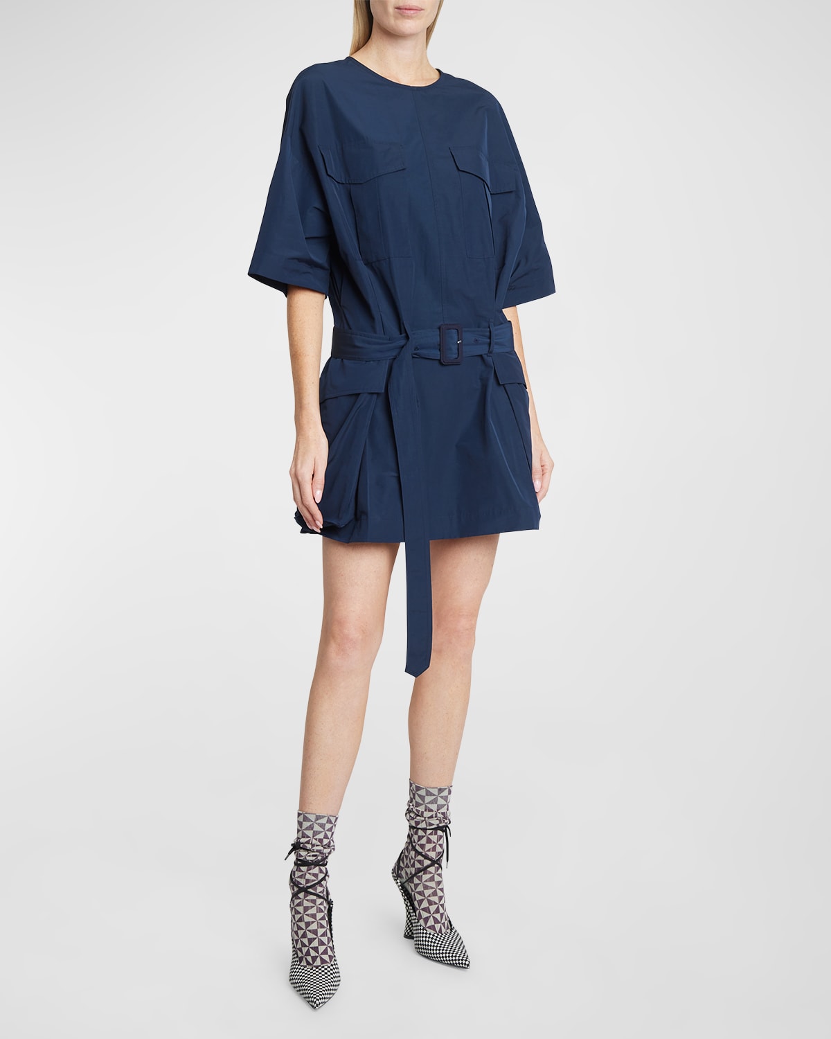 Dries Van Noten Dockets Short-sleeve Belted Pleated Mini Dress In Navy