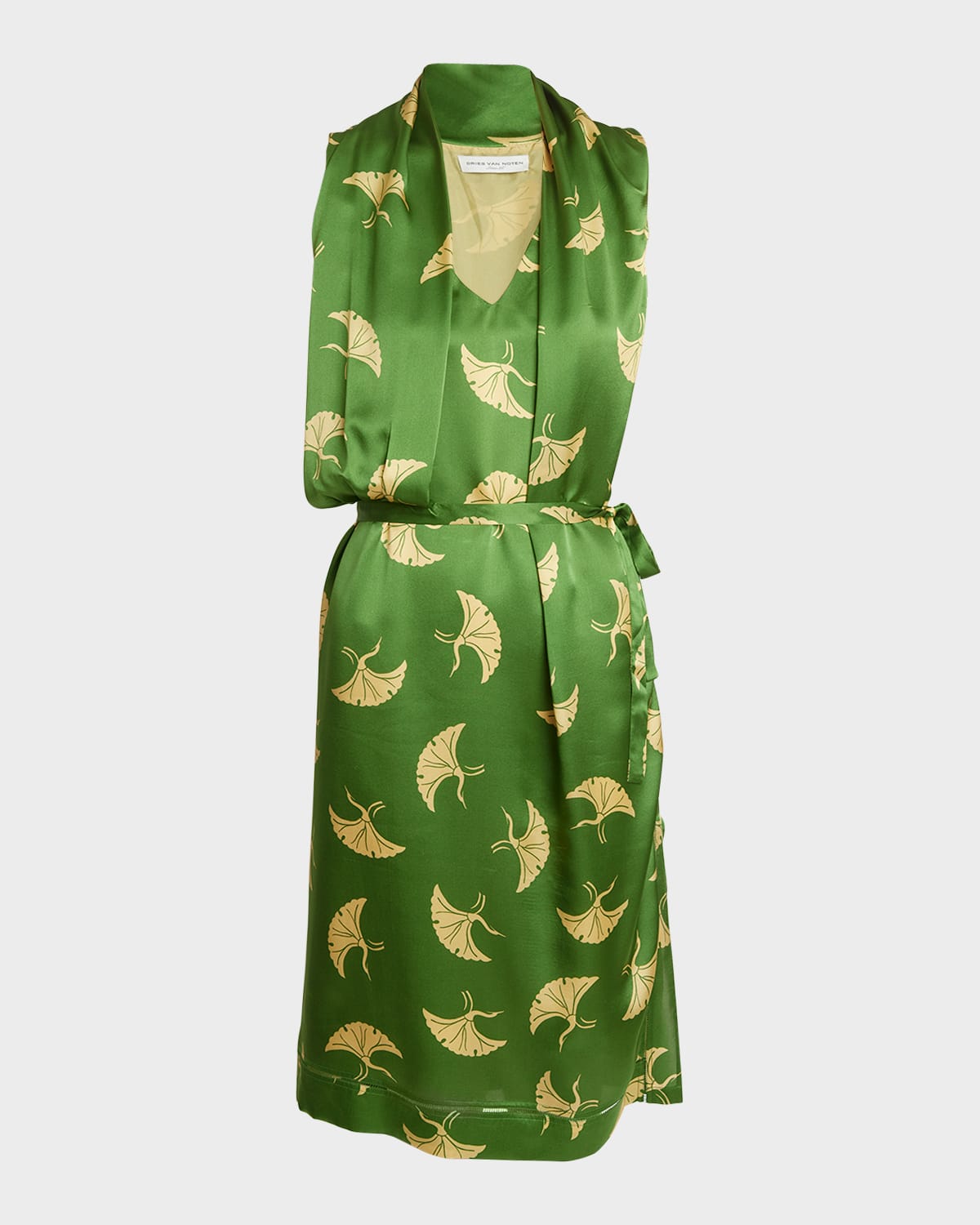 Dries Van Noten Doren Sleeveless Belted Silk Midi Dress In Green