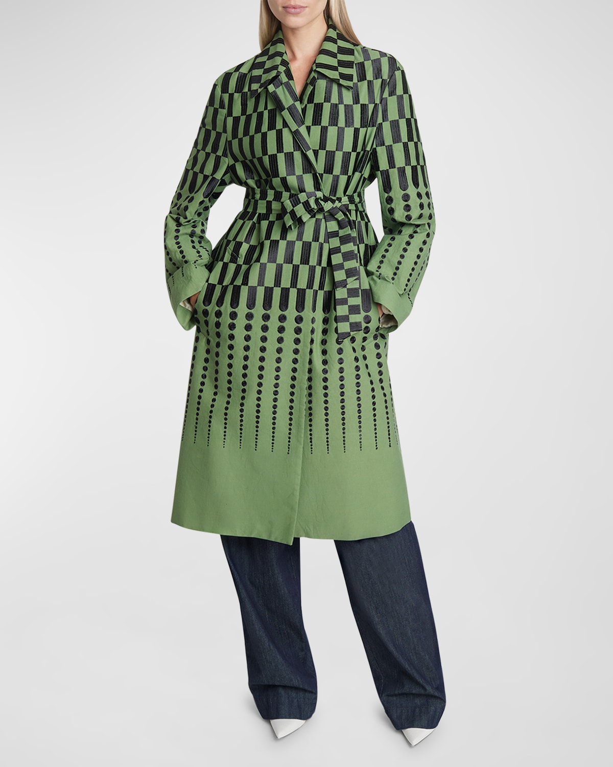 Dries Van Noten Roltas Checker Embroidered Belted Trench Coat In Green