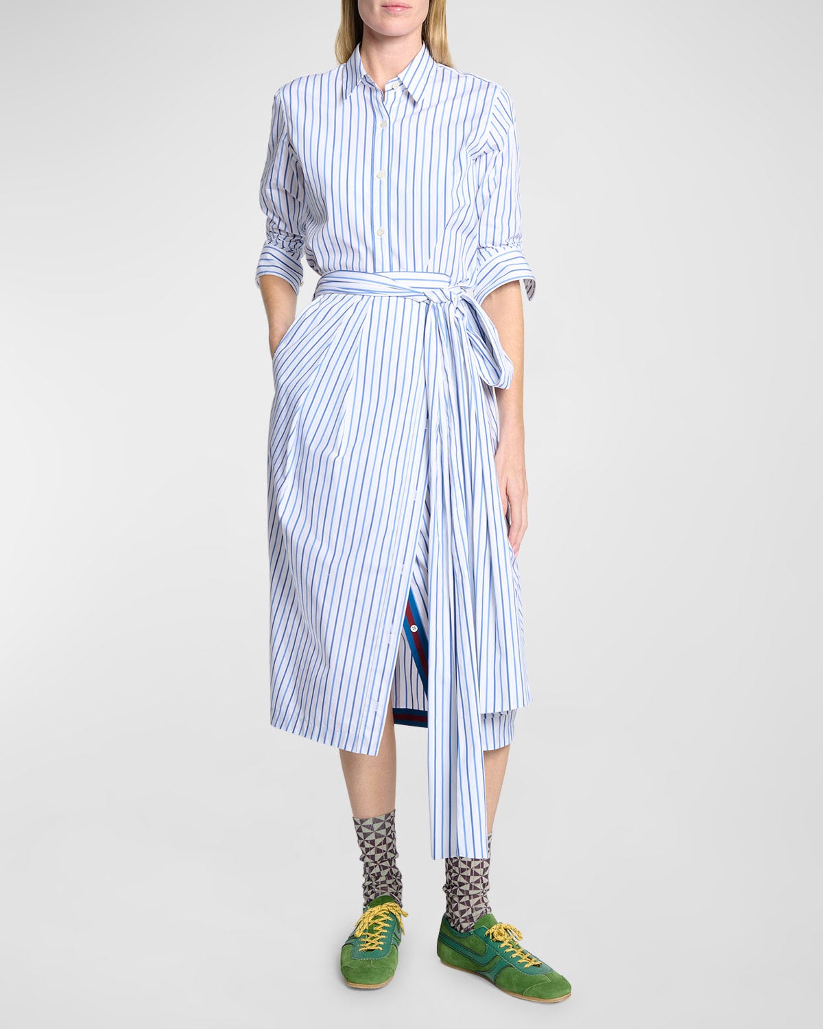 Dries Van Noten Solada Striped Poplin Midi Wrap Skirt In Light Blue