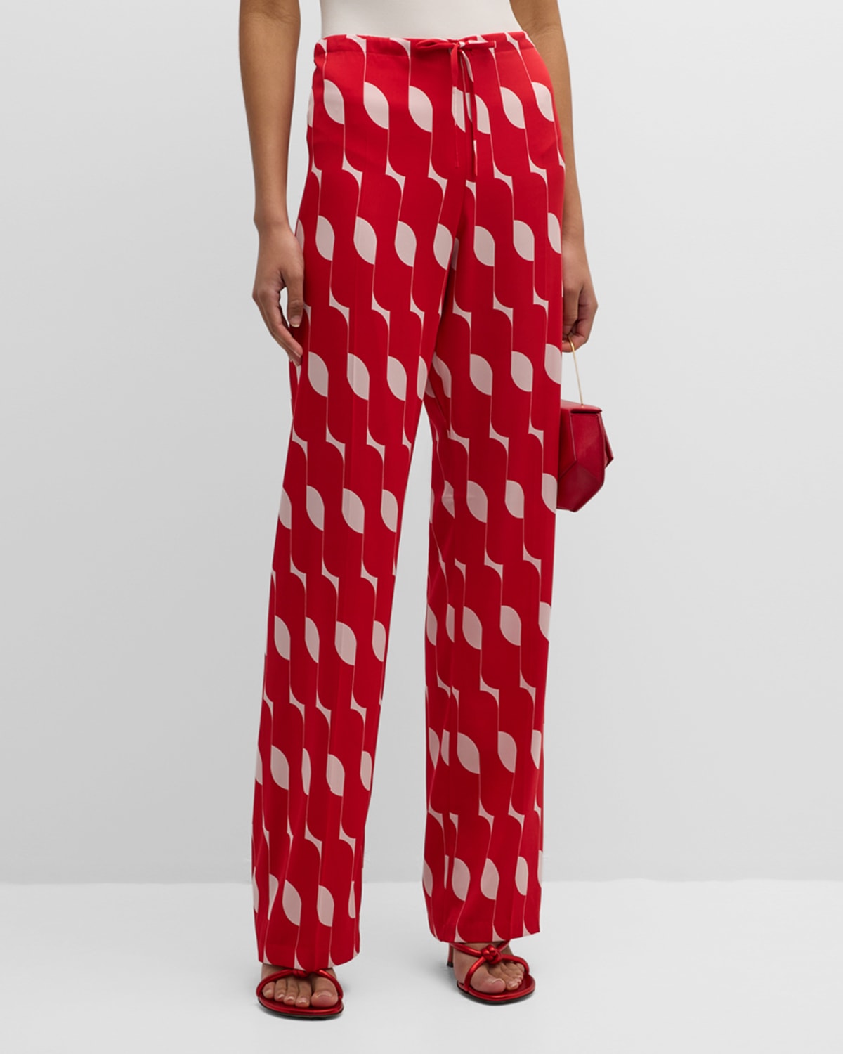 Shop Dries Van Noten Pachas Abstract-print Straight-leg Silk Pull-on Pants In Red