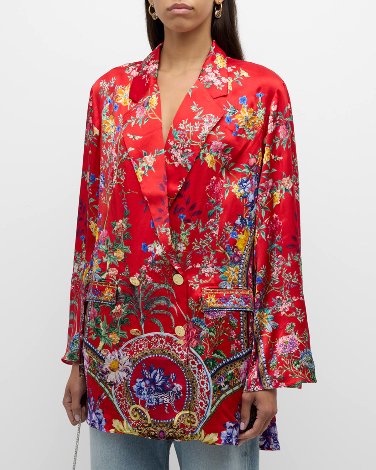 Camilla Flared-sleeve Double-breasted Floral Silk Jacket In The Summer Palace