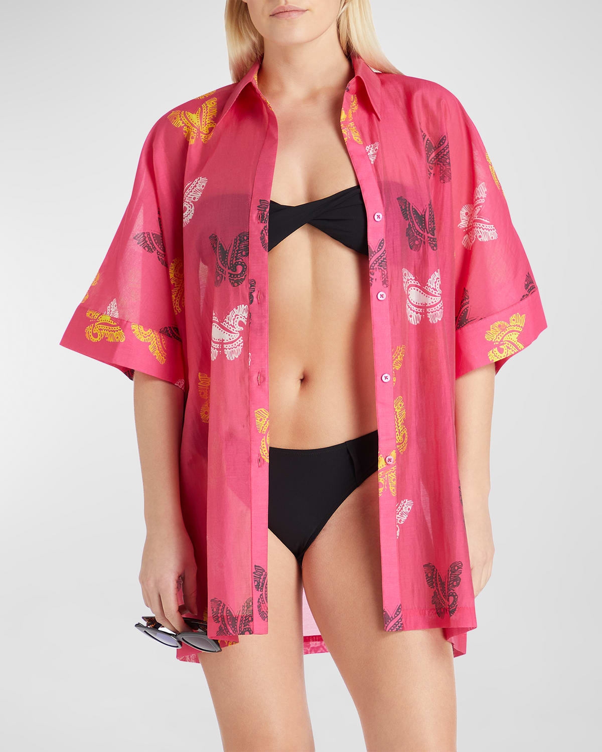 Shop Valimare Sydney Sheer Butterfly Shirtdress In Fuscia Print