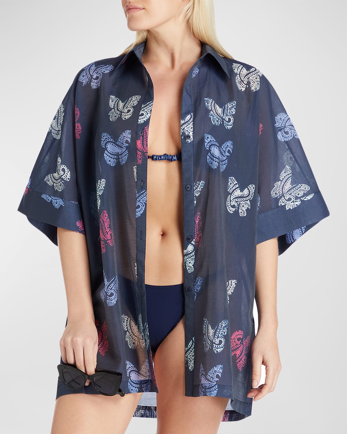 Shop Valimare Sydney Sheer Butterfly Shirtdress In Navy Print