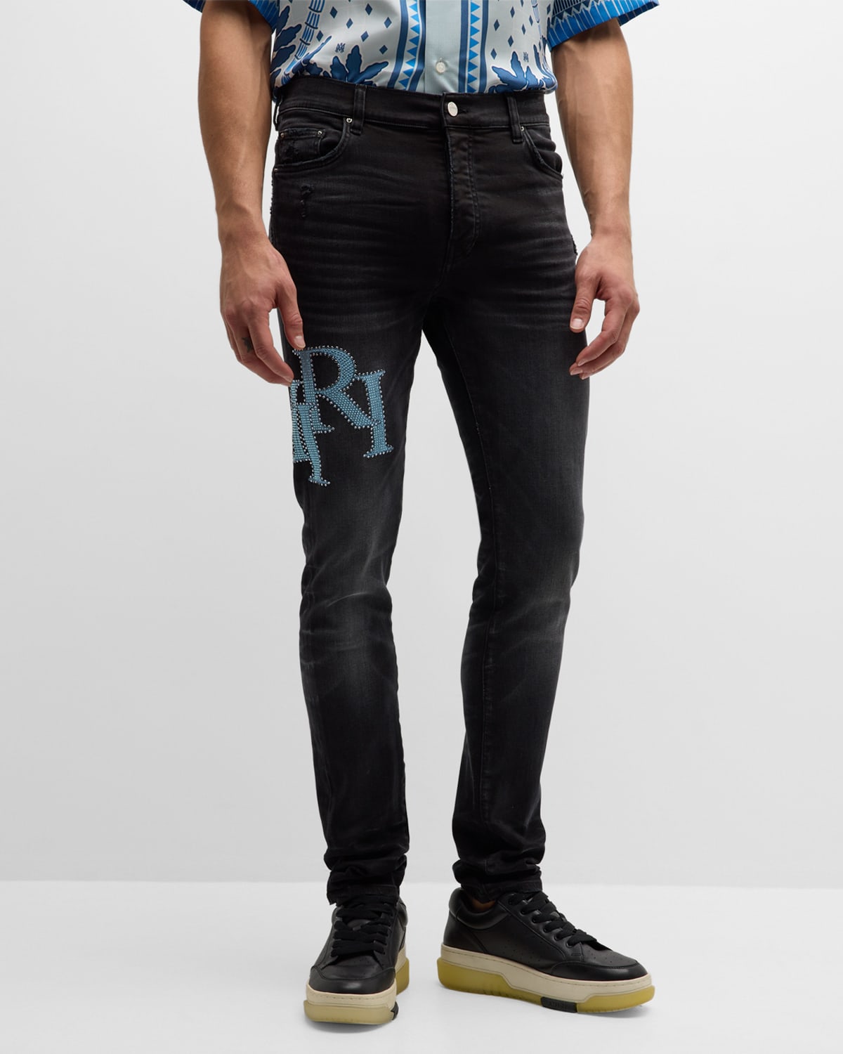 Shop Amiri Men's Crystal Staggered Logo Jeans In Faded Black